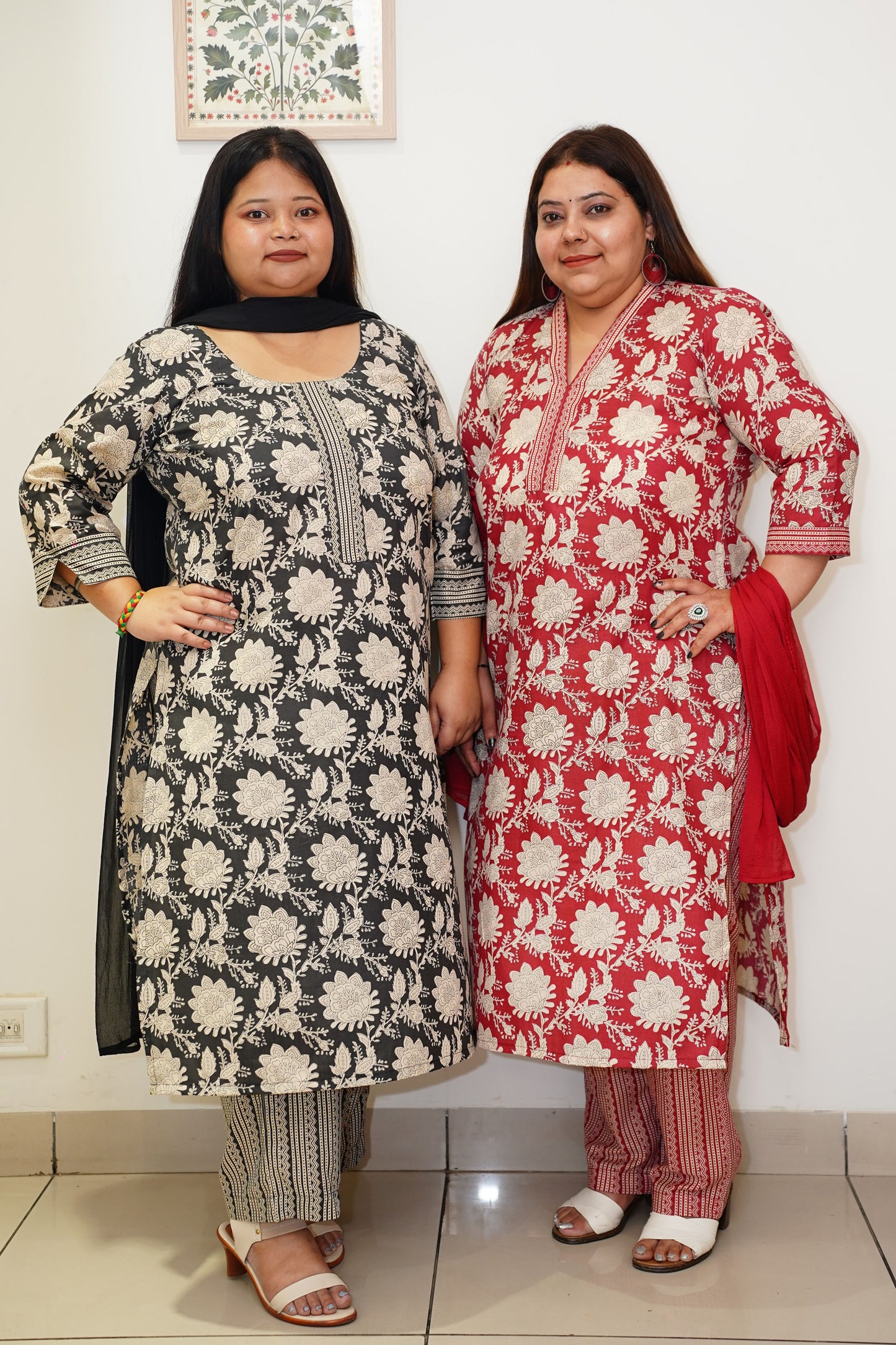 Women Plus Size Black Floral Cotton Straight Cut Suit Set