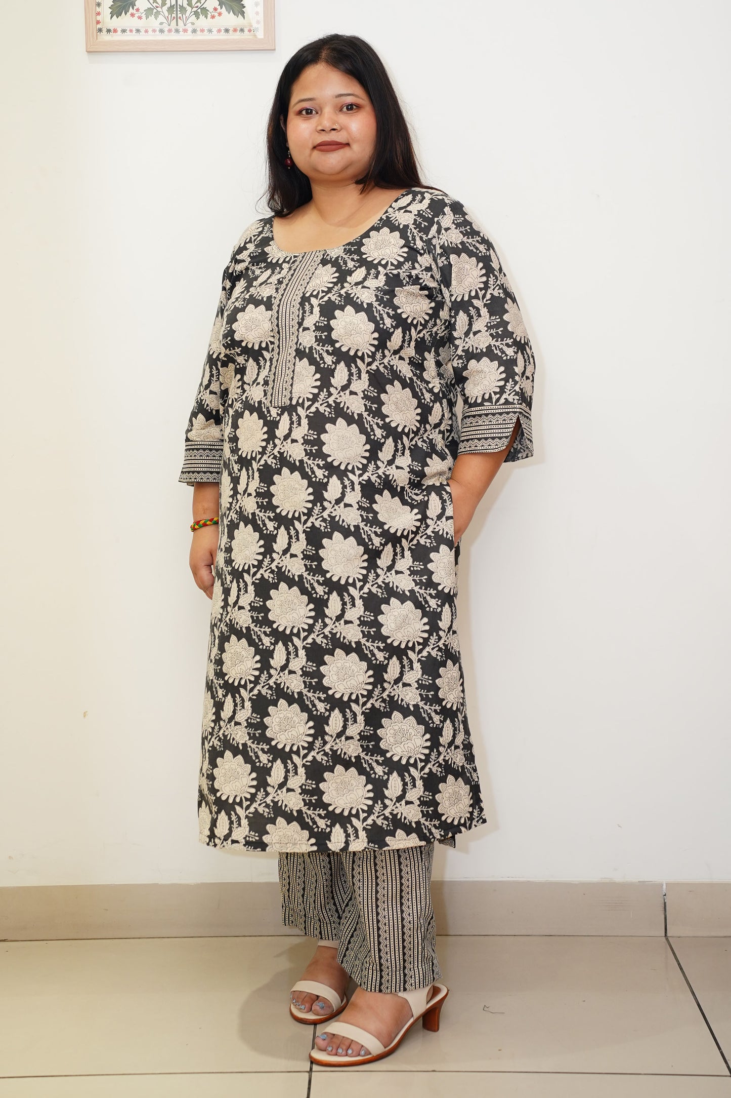 Women Plus Size Black Floral Cotton Straight Cut Suit Set