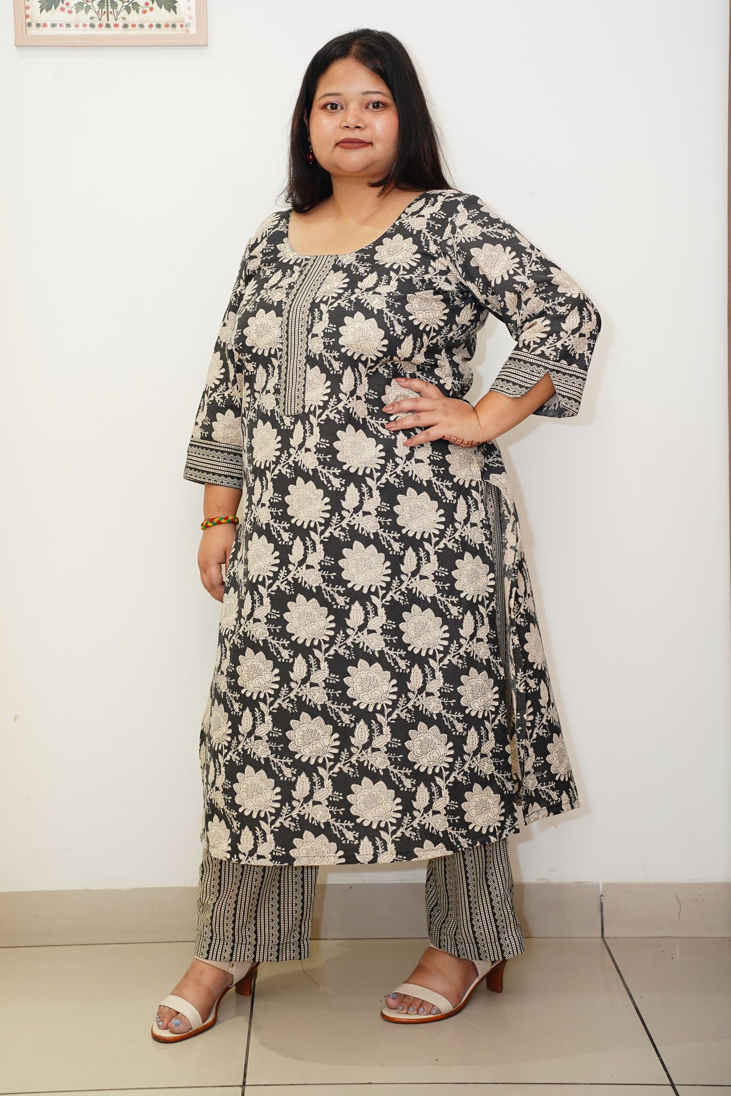 Women Plus Size Black Floral Cotton Straight Cut Suit Set