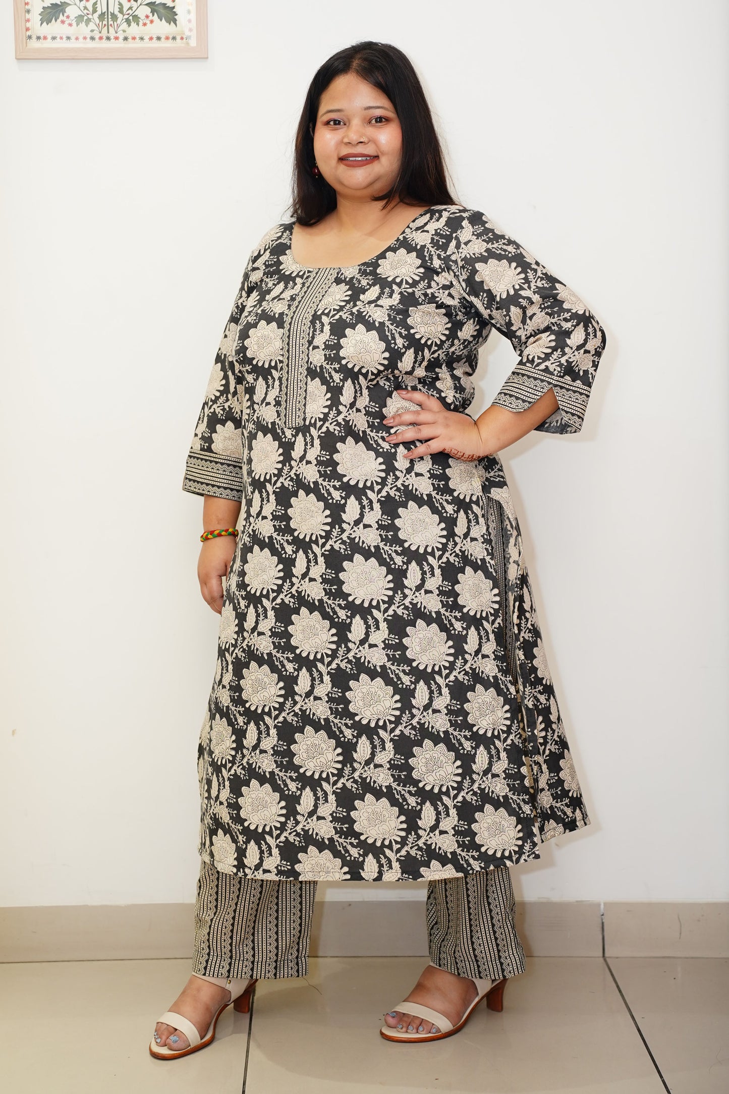 Women Plus Size Black Floral Cotton Straight Cut Suit Set