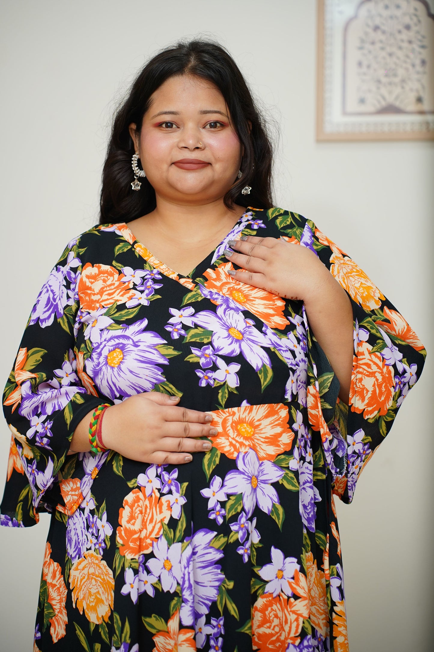 Women Plus Size Black Floral Flared Maxi Dress with Pockets