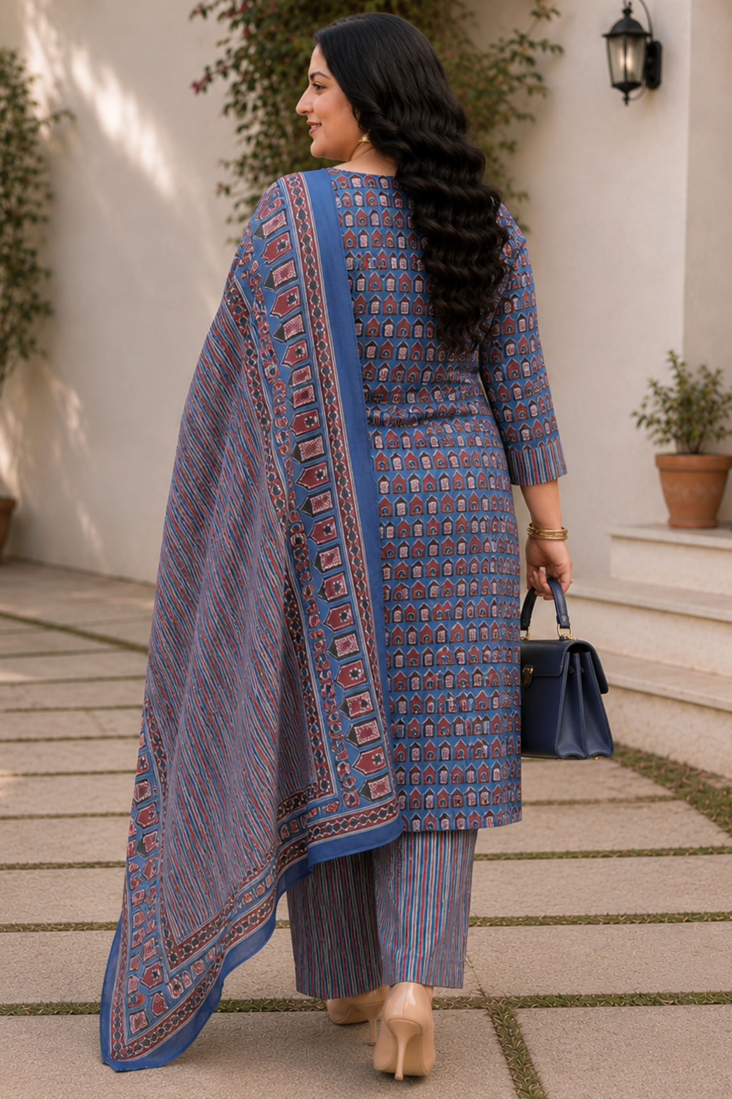 Blue Block Print Suit Set