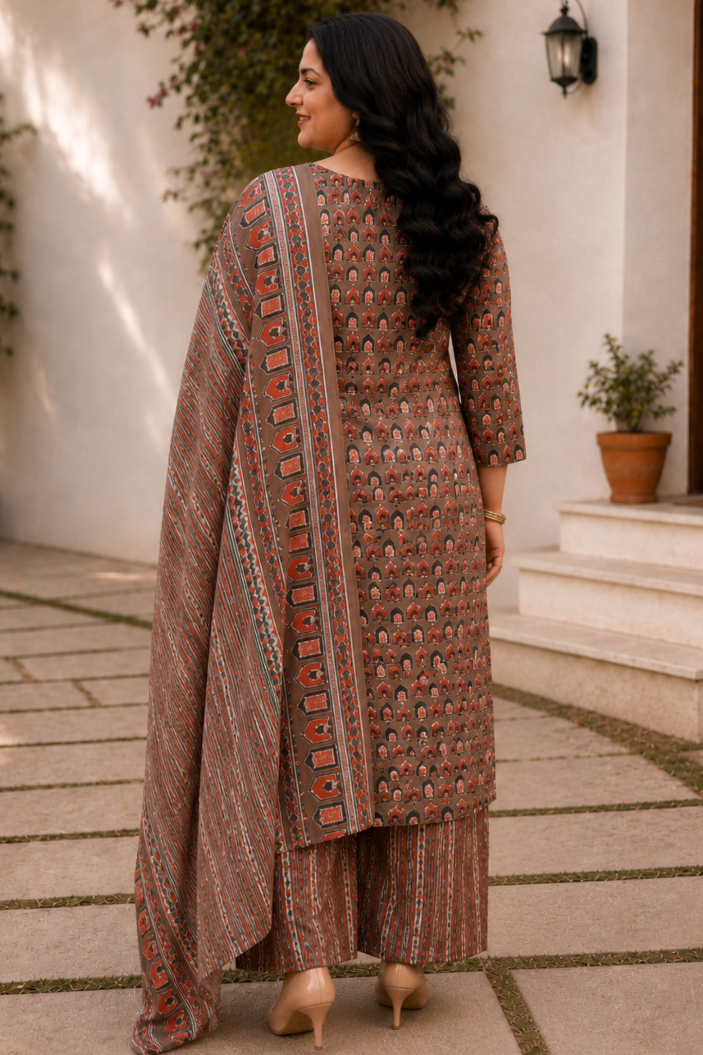 Brown Cotton Block Print Suit Set