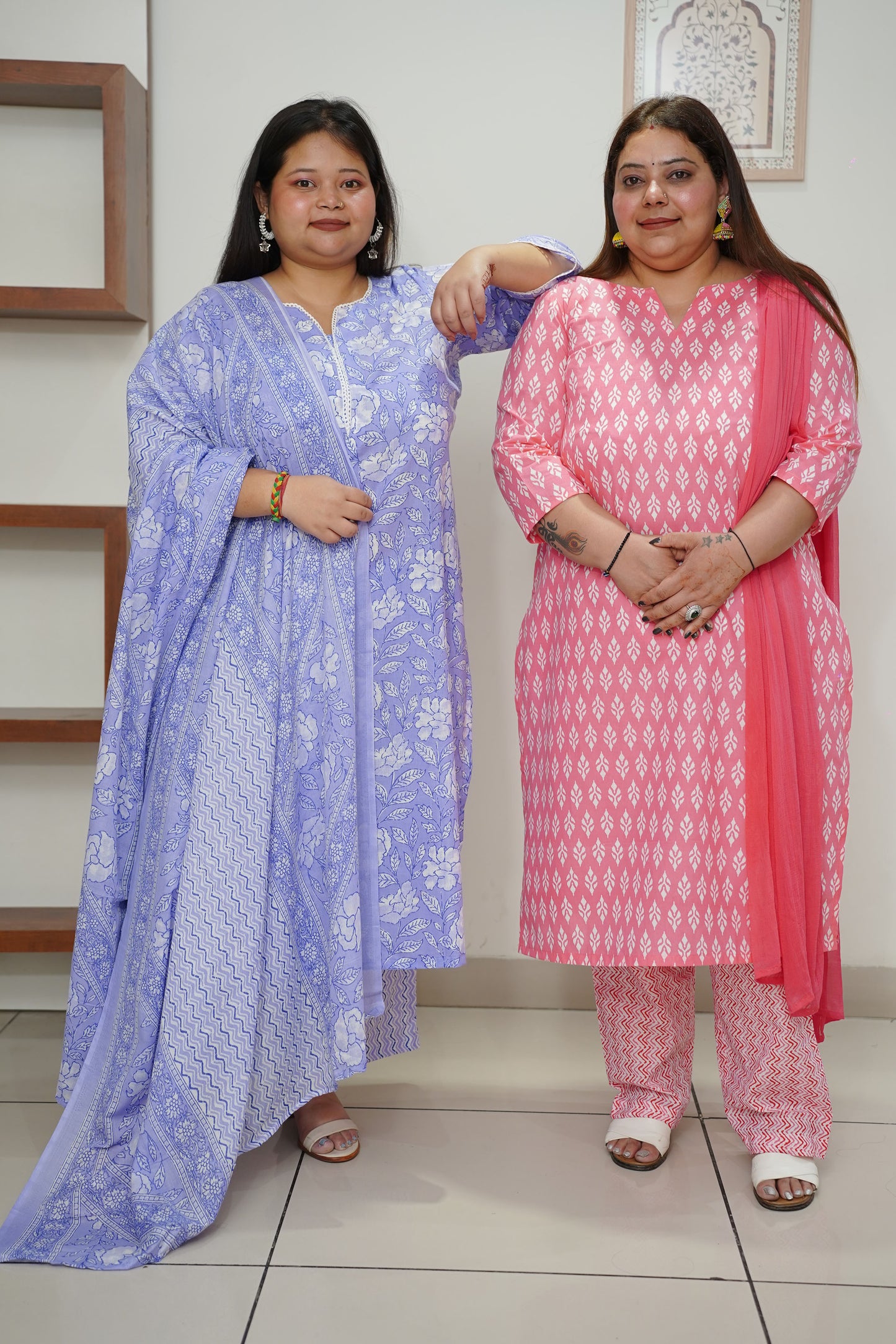 Women Plus Size Cobalt Floral Cotton Straight Cut Suit Set