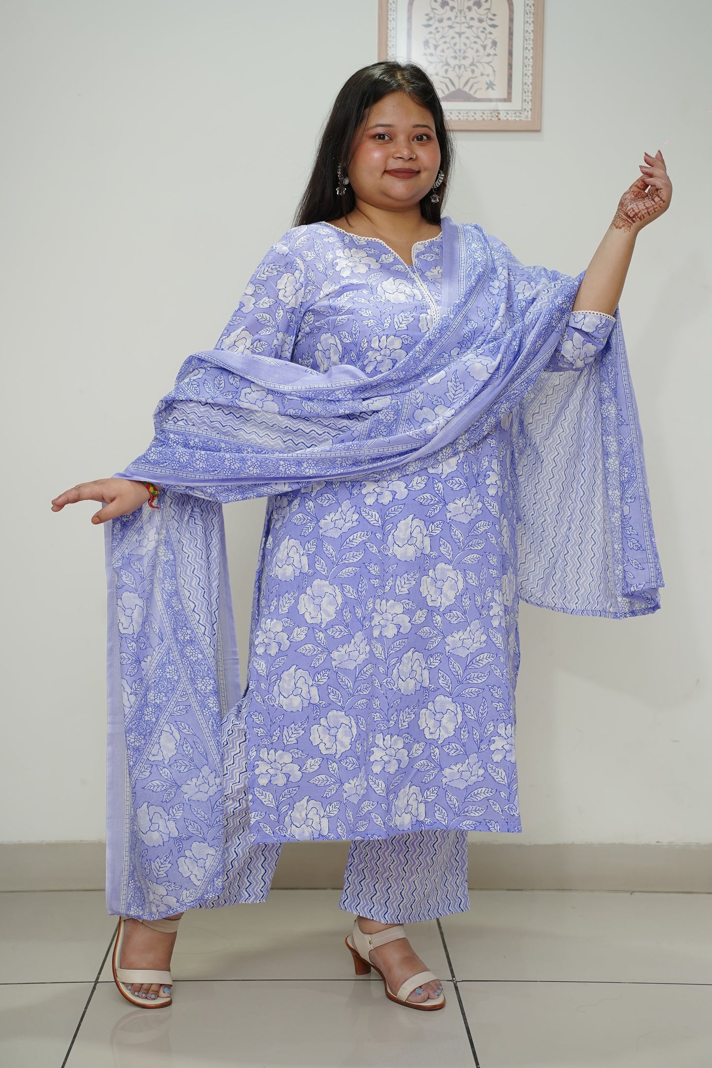 Women Plus Size Cobalt Floral Cotton Straight Cut Suit Set