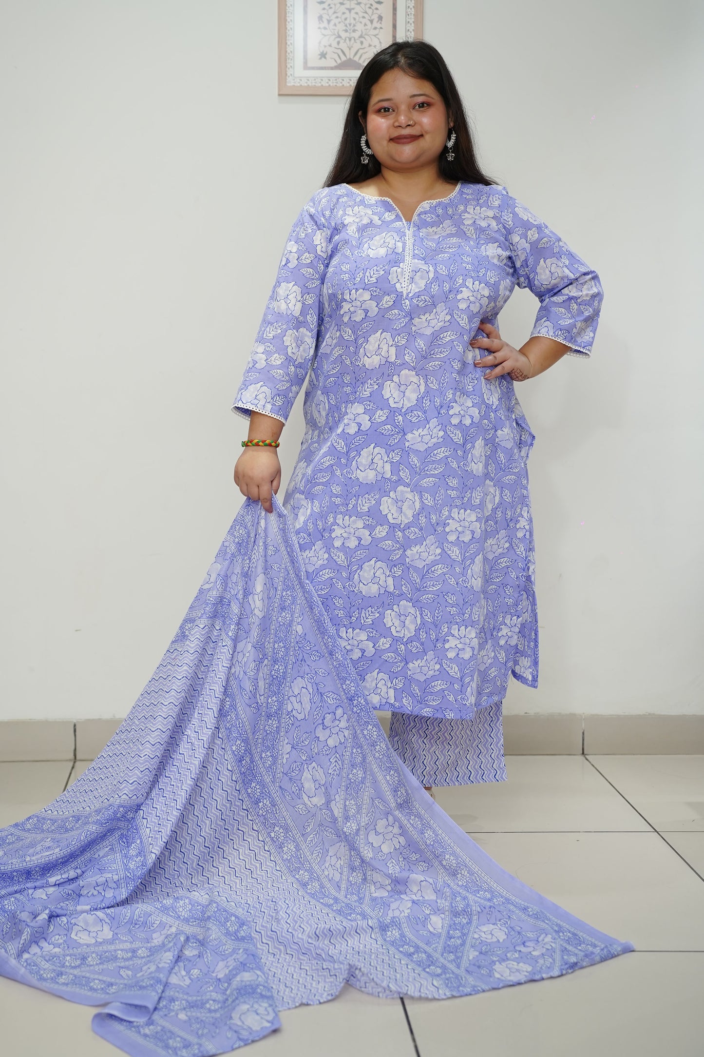 Women Plus Size Cobalt Floral Cotton Straight Cut Suit Set