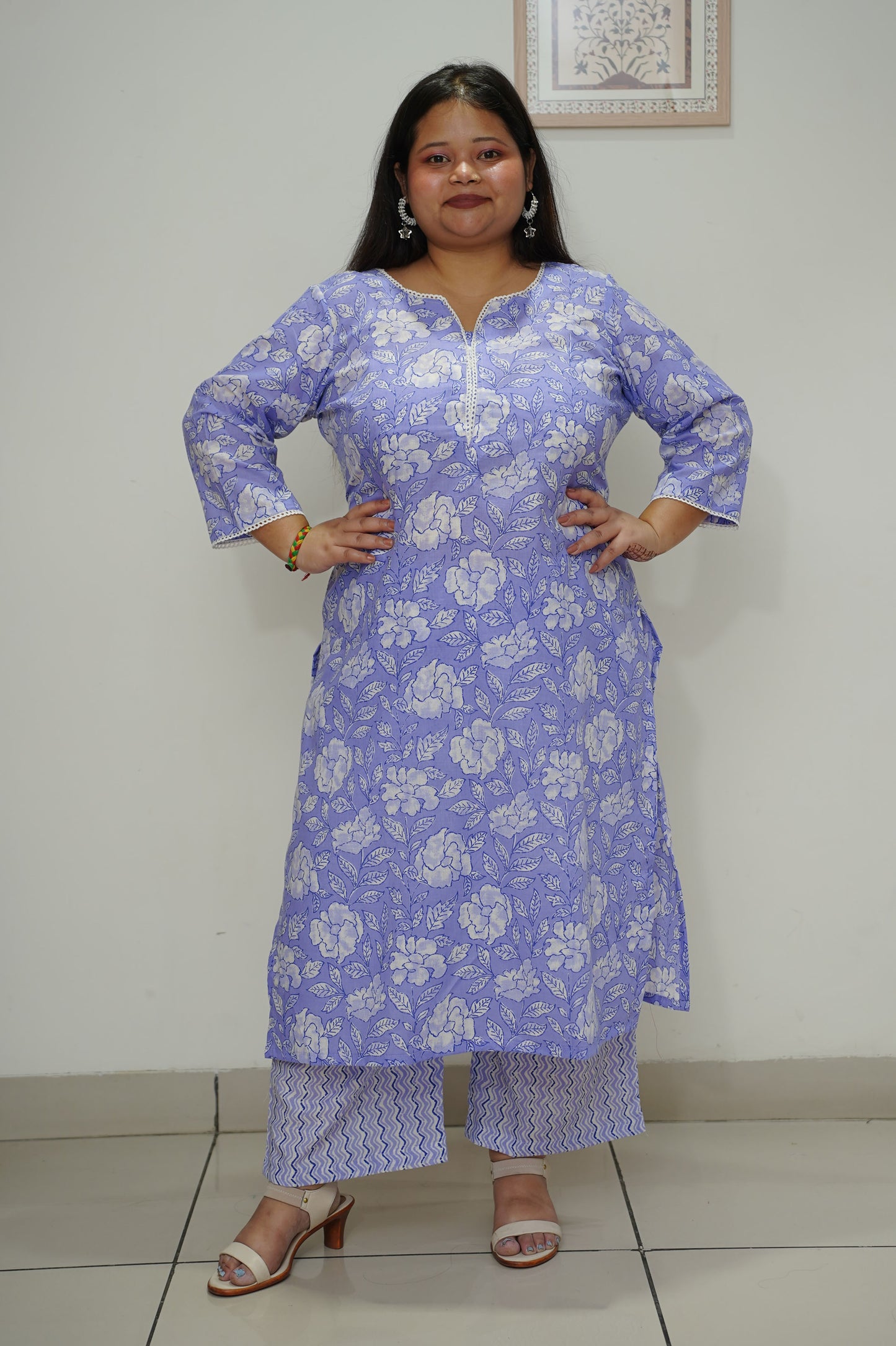 Women Plus Size Cobalt Floral Cotton Straight Cut Suit Set