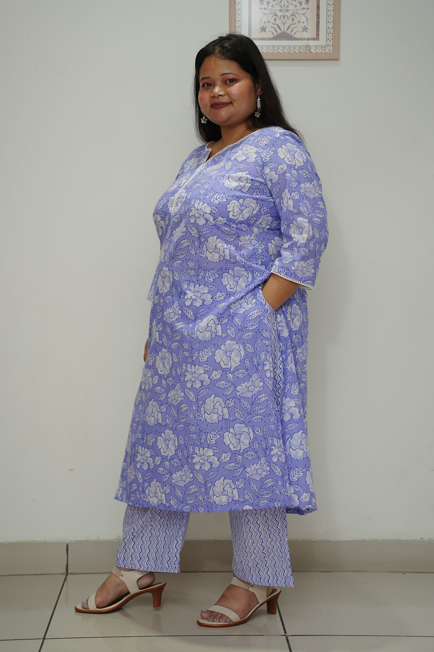 Women Plus Size Cobalt Floral Cotton Straight Cut Suit Set