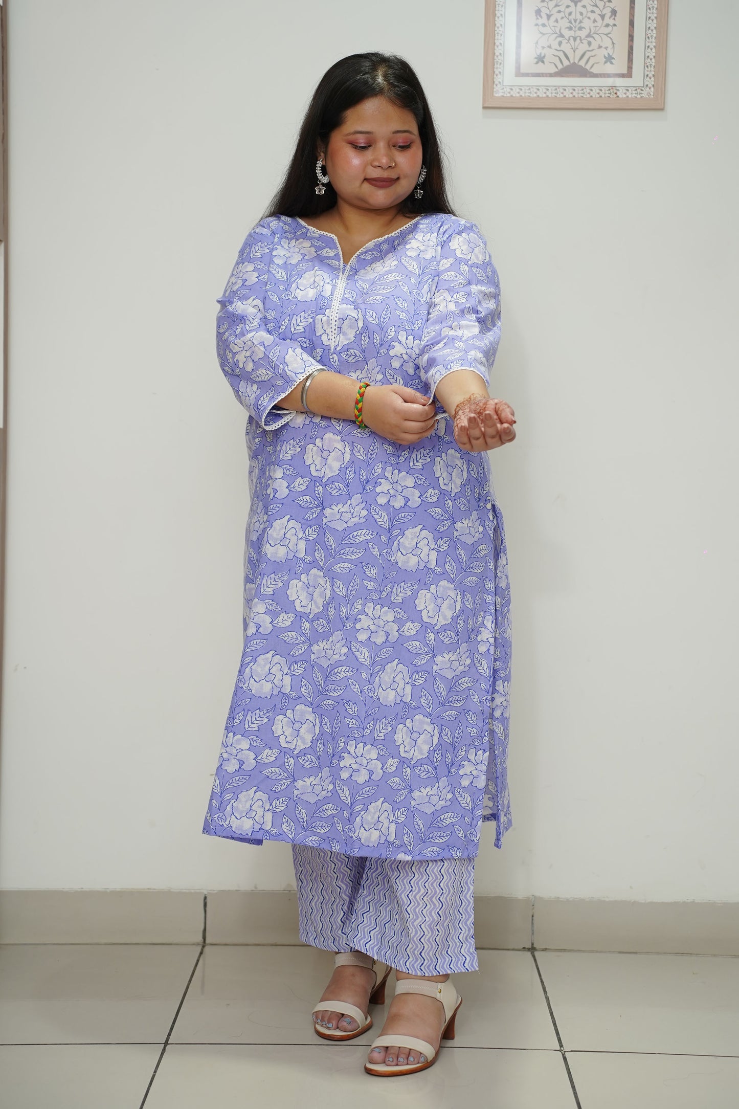 Women Plus Size Cobalt Floral Cotton Straight Cut Suit Set