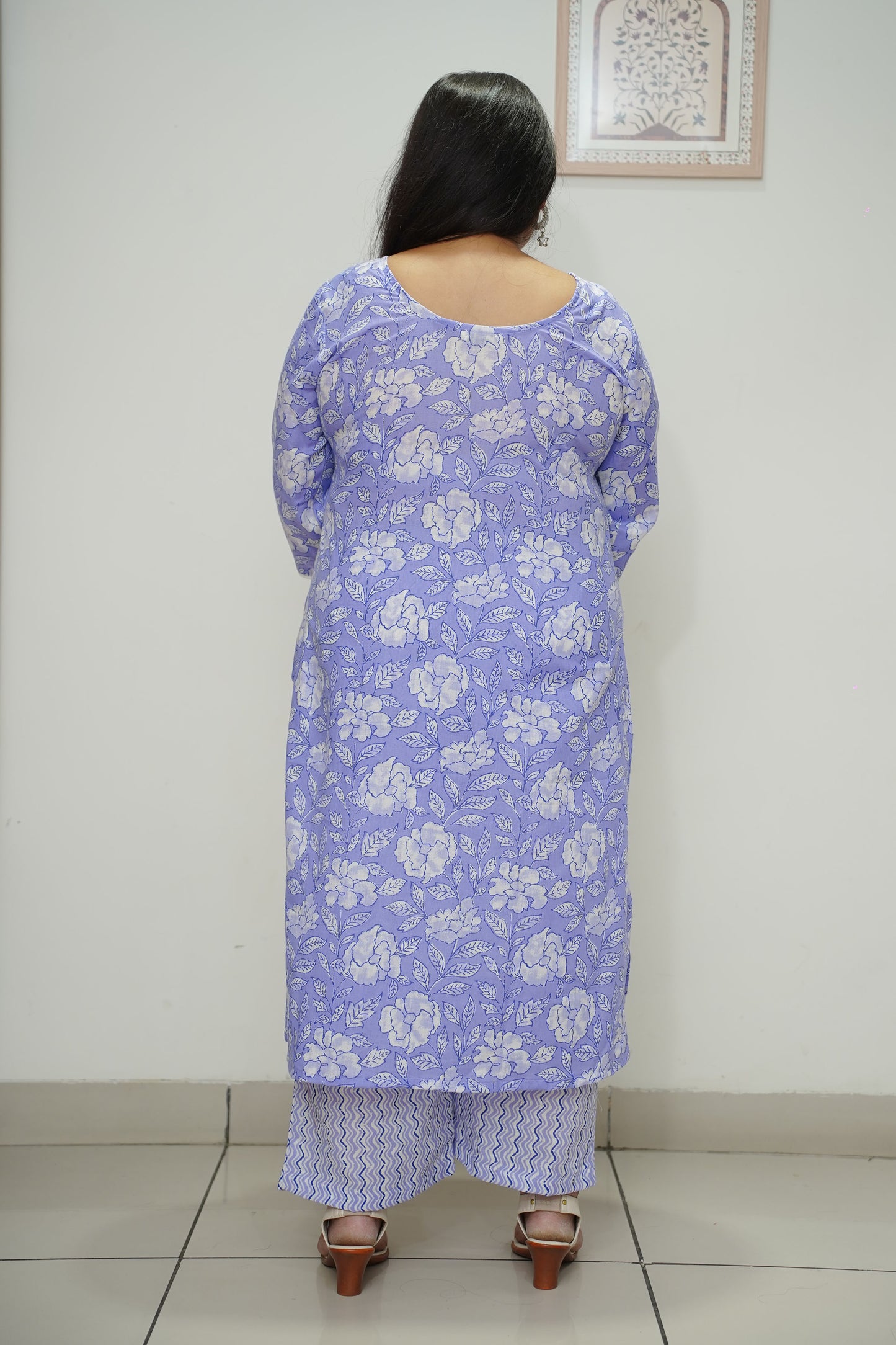 Women Plus Size Cobalt Floral Cotton Straight Cut Suit Set
