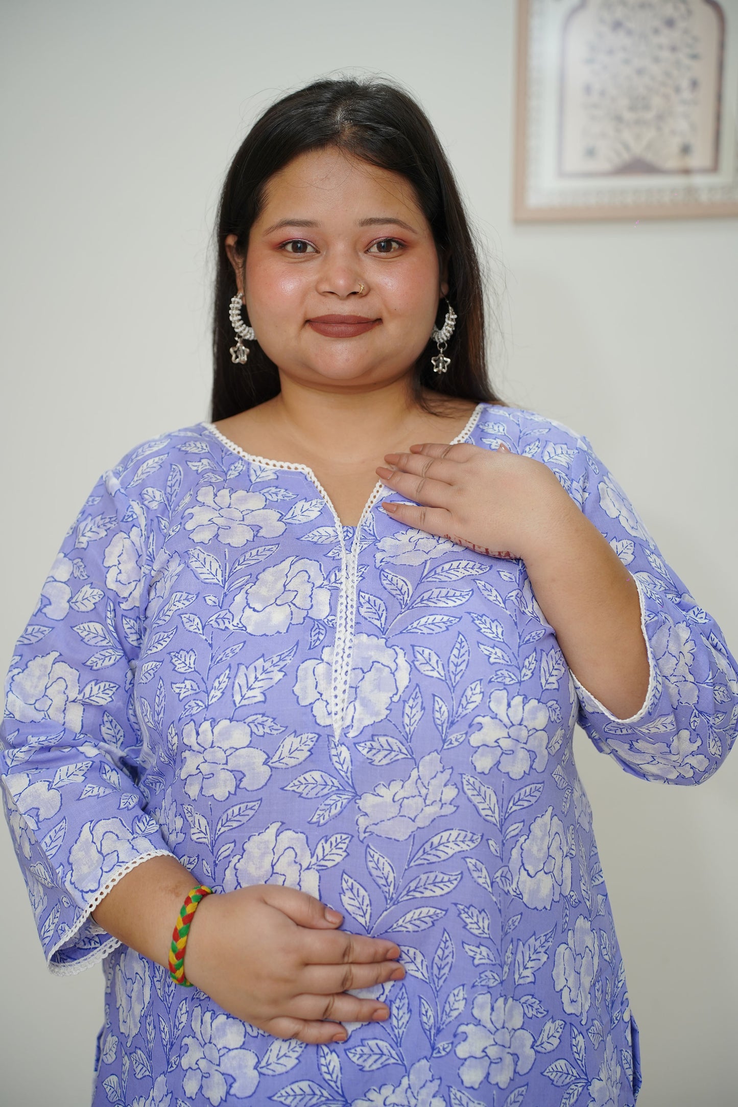 Women Plus Size Cobalt Floral Cotton Straight Cut Suit Set