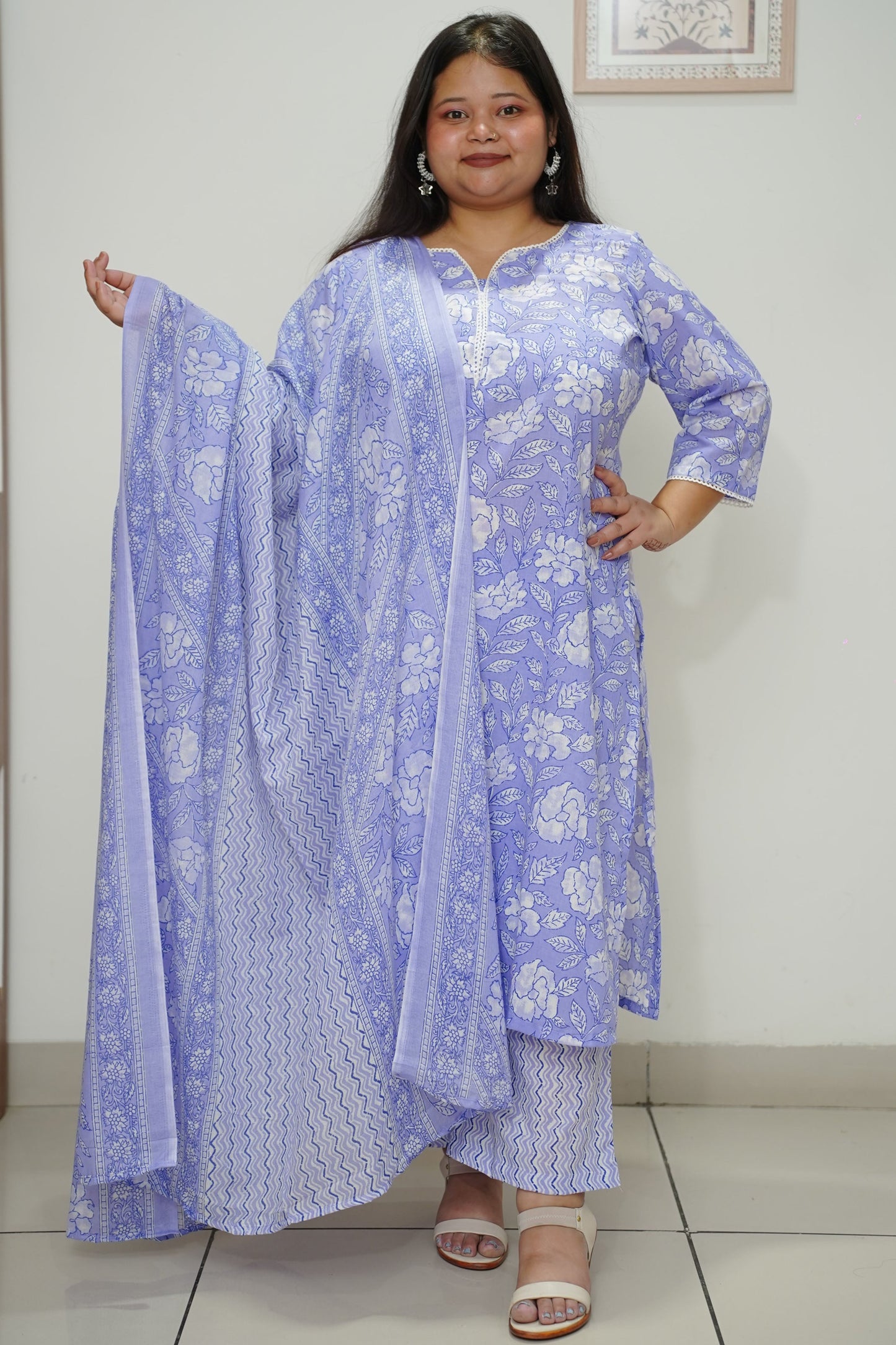 Women Plus Size Cobalt Floral Cotton Straight Cut Suit Set