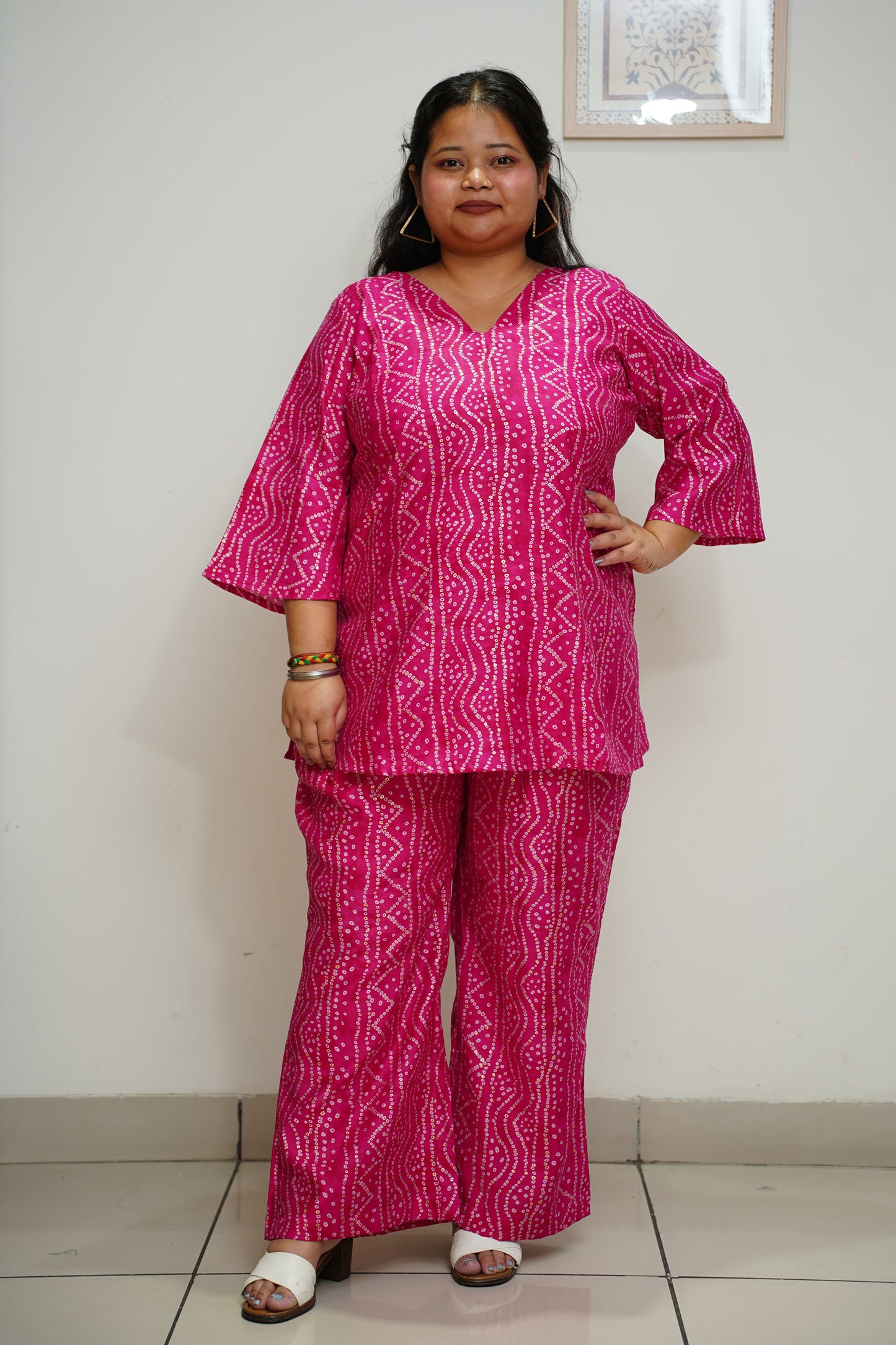 Women Plus Size Hot Pink Foiled Cotton Co-ord Set