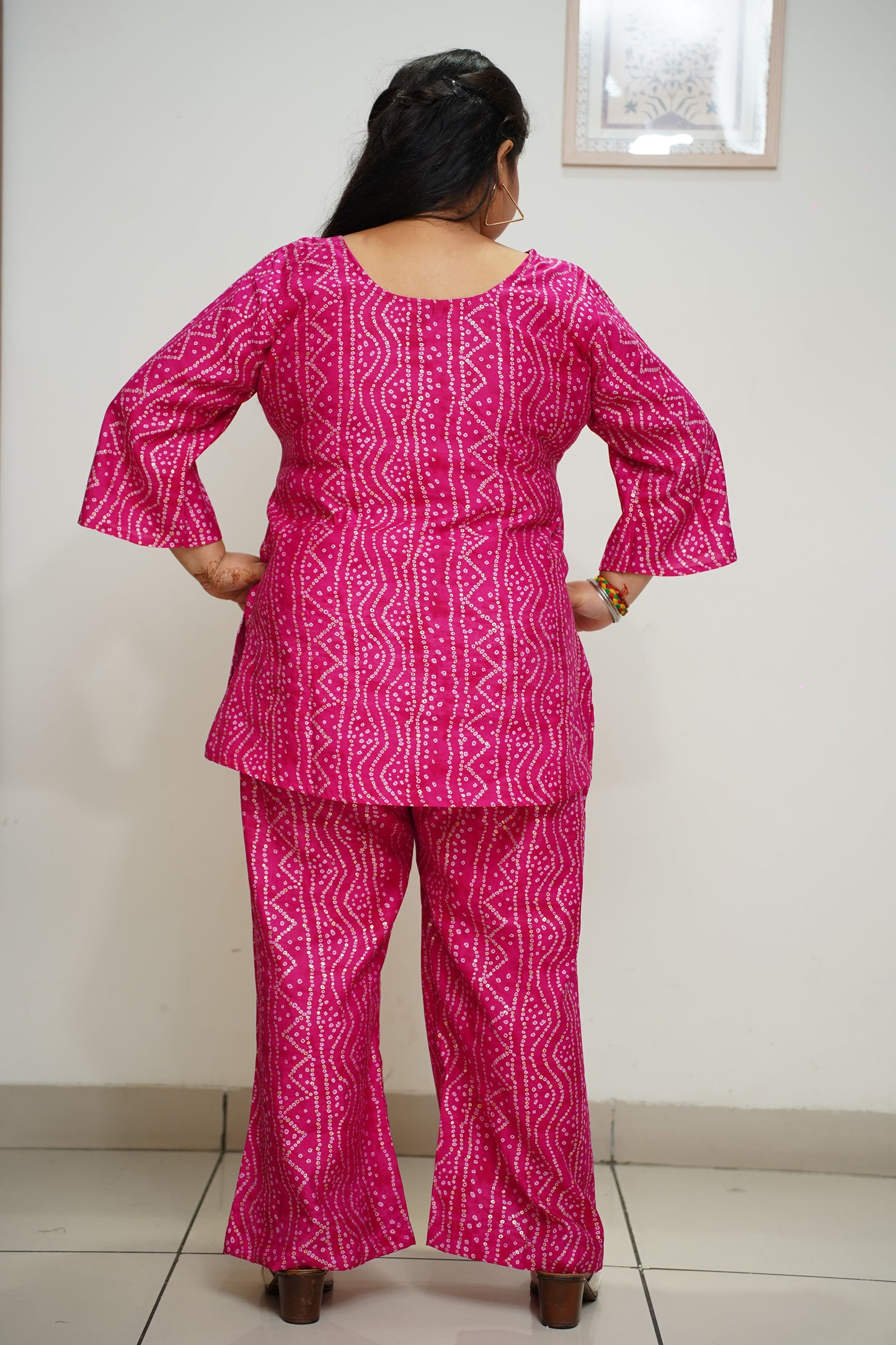 Women Plus Size Hot Pink Foiled Cotton Co-ord Set