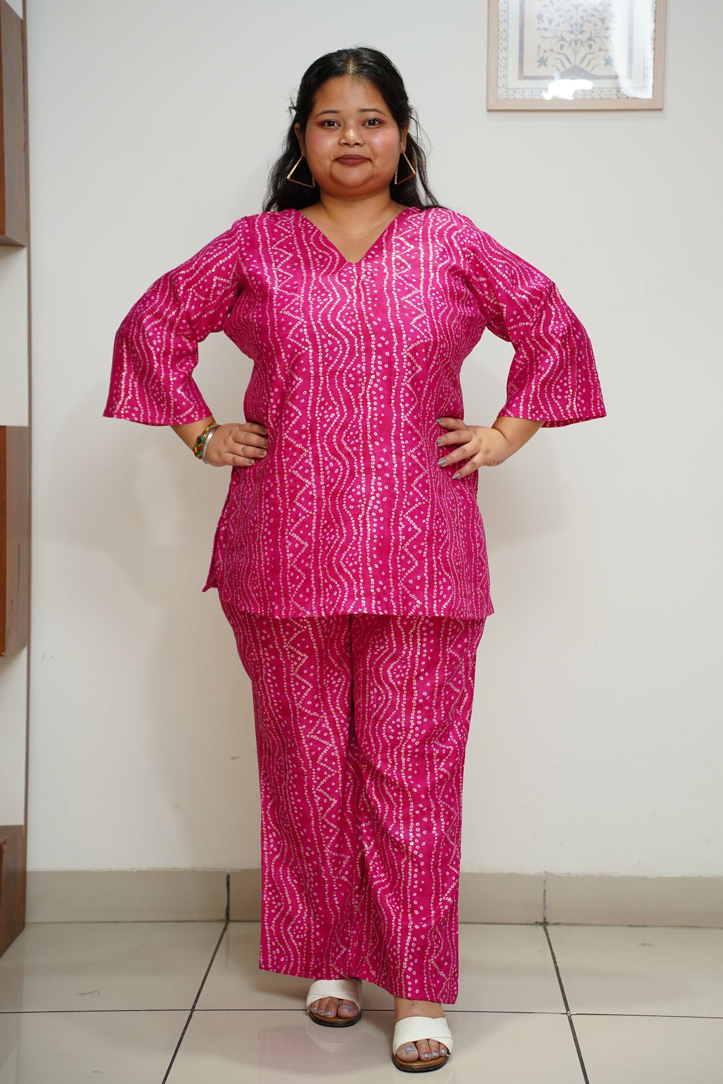 Women Plus Size Hot Pink Foiled Cotton Co-ord Set