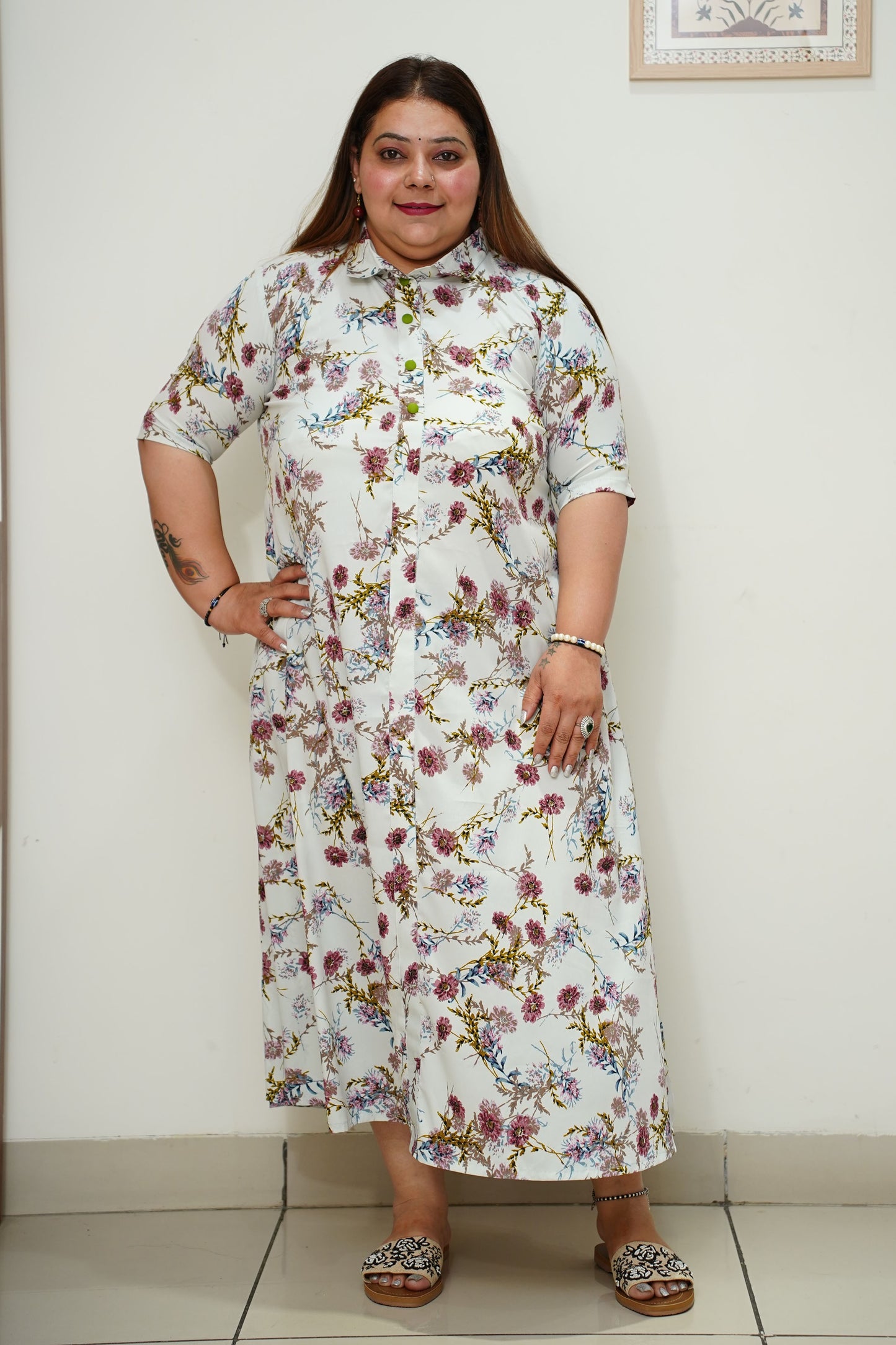 Women Plus Size Ivory Floral Everyday Dress with Pockets