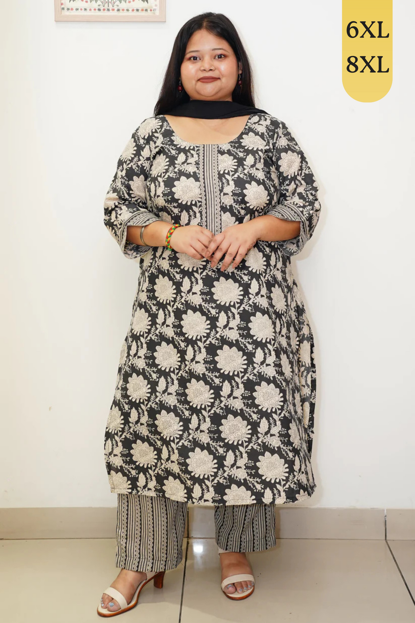 Black Floral Cotton Straight Cut Suit Set