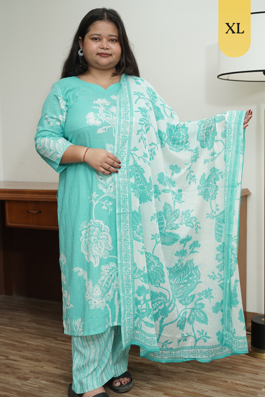Sky Blue Floral Cotton Suit Set