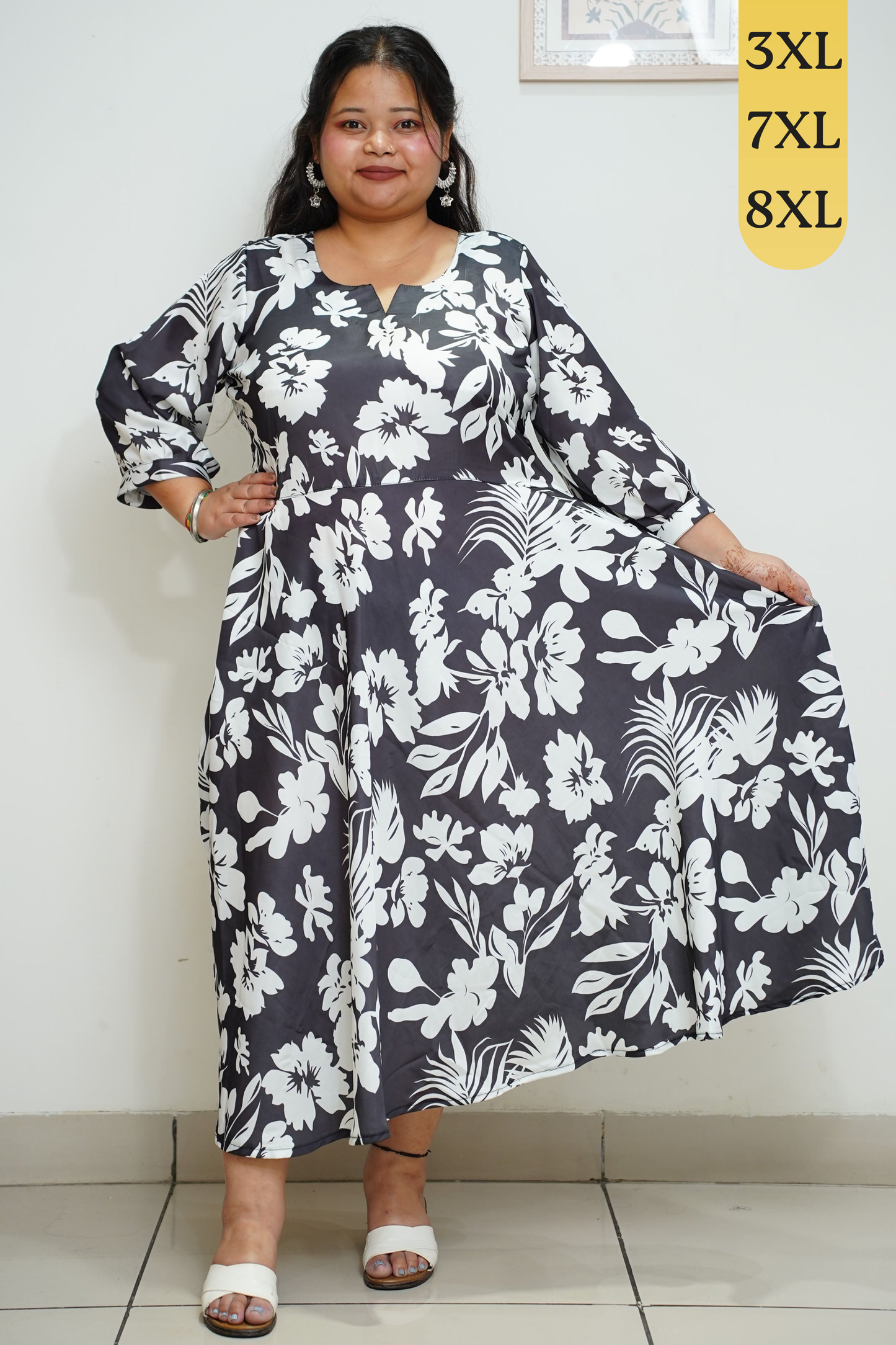 Black Floral Flared Calf Dress With Pockets