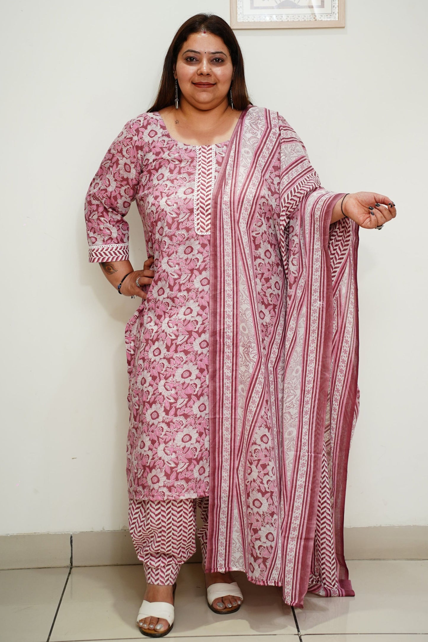 Women Plus Size Maroon Floral Cotton Salwar Suit