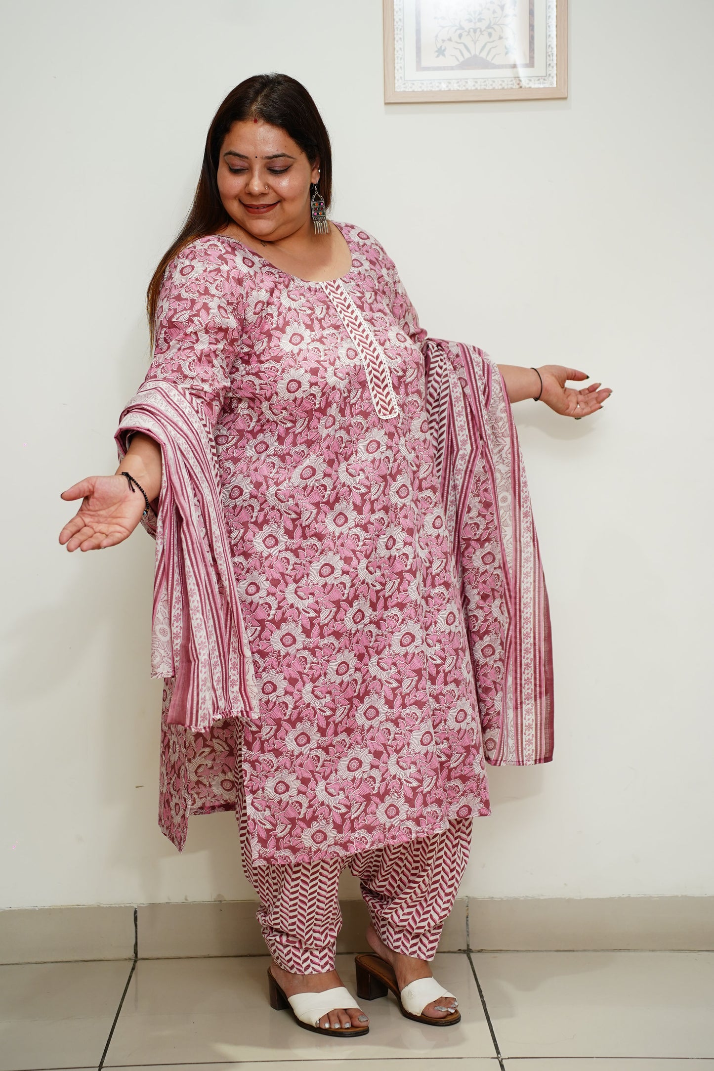 Women Plus Size Maroon Floral Cotton Salwar Suit