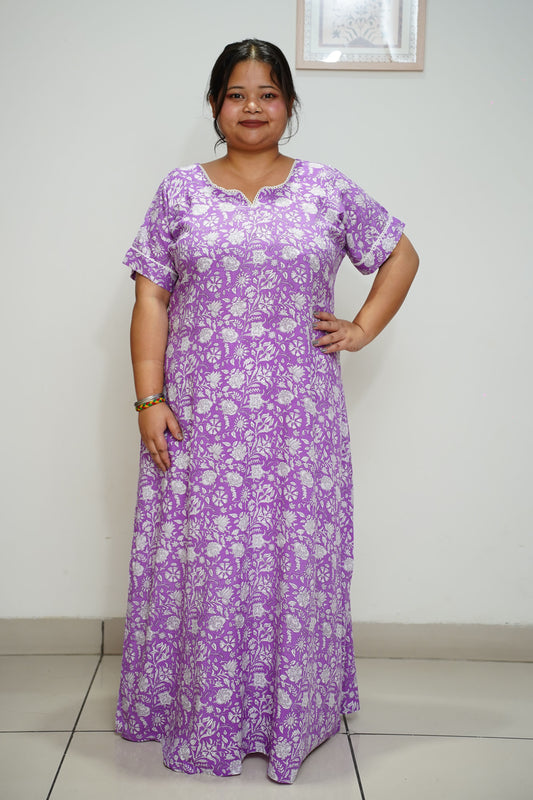 Women Plus Size Mauve Printed Rayon Night Gown