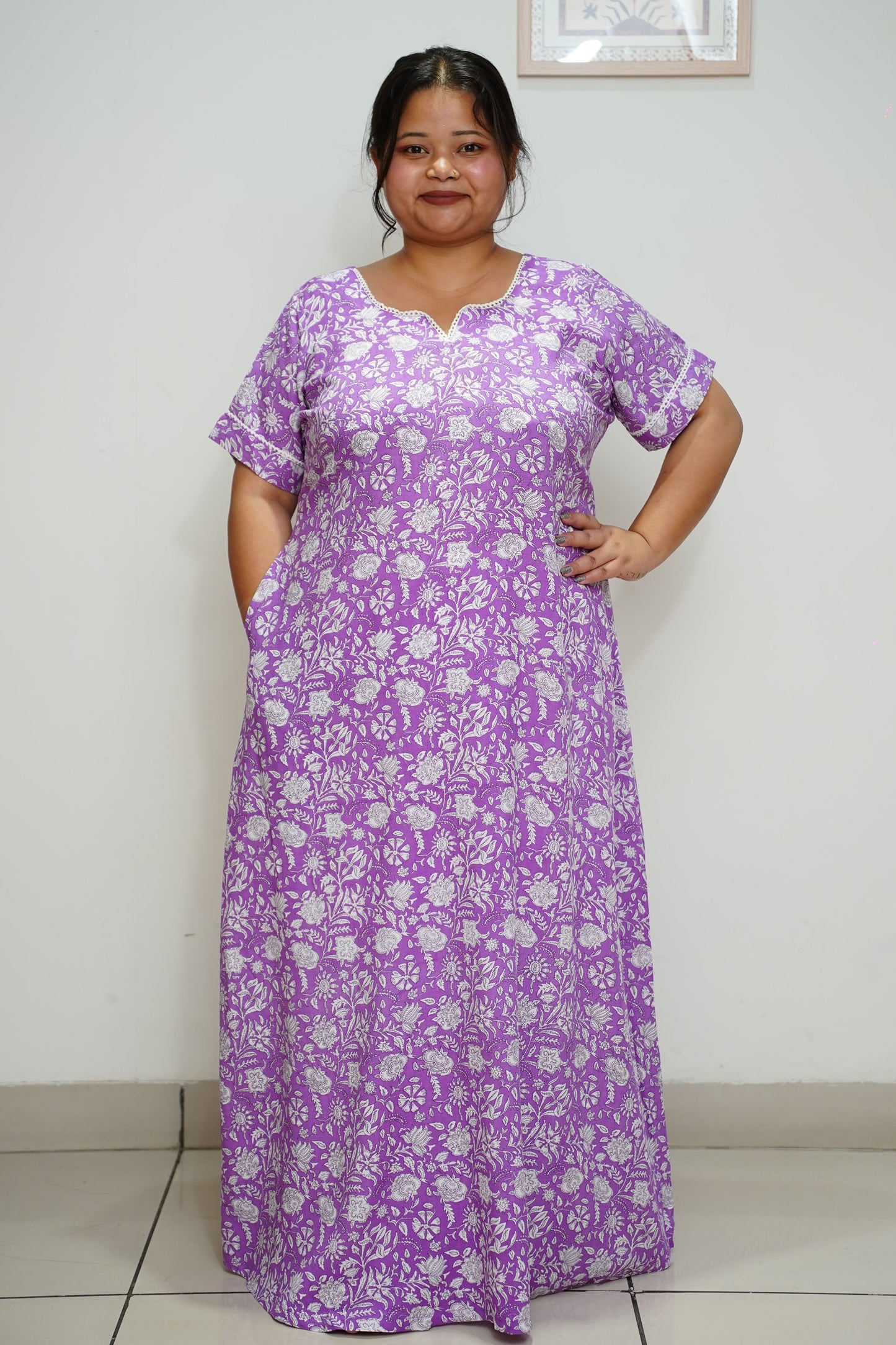 Women Plus Size Mauve Printed Rayon Night Gown
