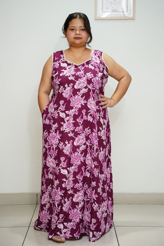 Women Plus Size Mulberry Wine Floral Night Gown