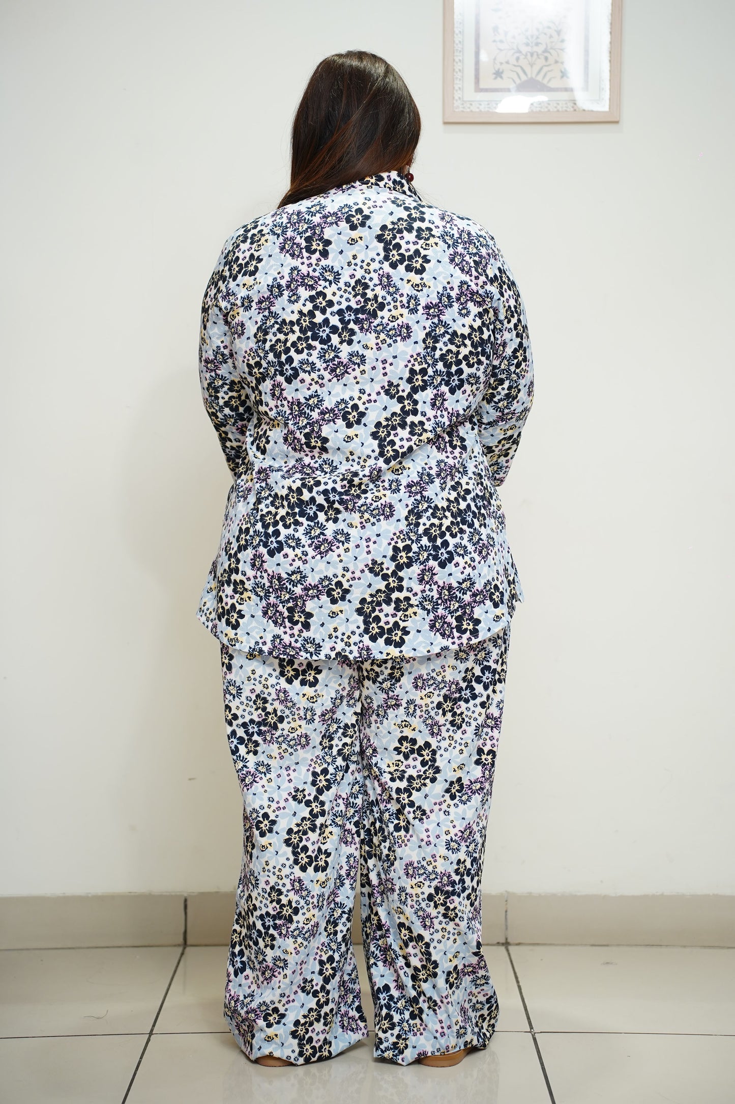 Women Plus Size Navy Floral Collared Co-ord Set with Pockets