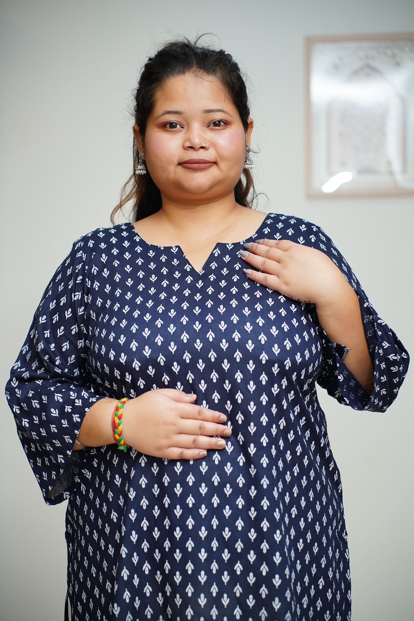 Women Plus Size Navy Printed Everyday Rayon Kurta