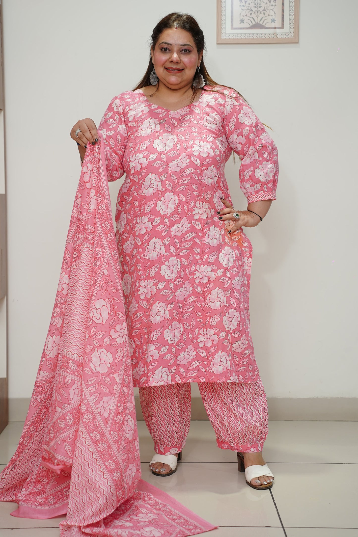 Women Plus Size Pink Floral Cotton Afghani Salwar Suit