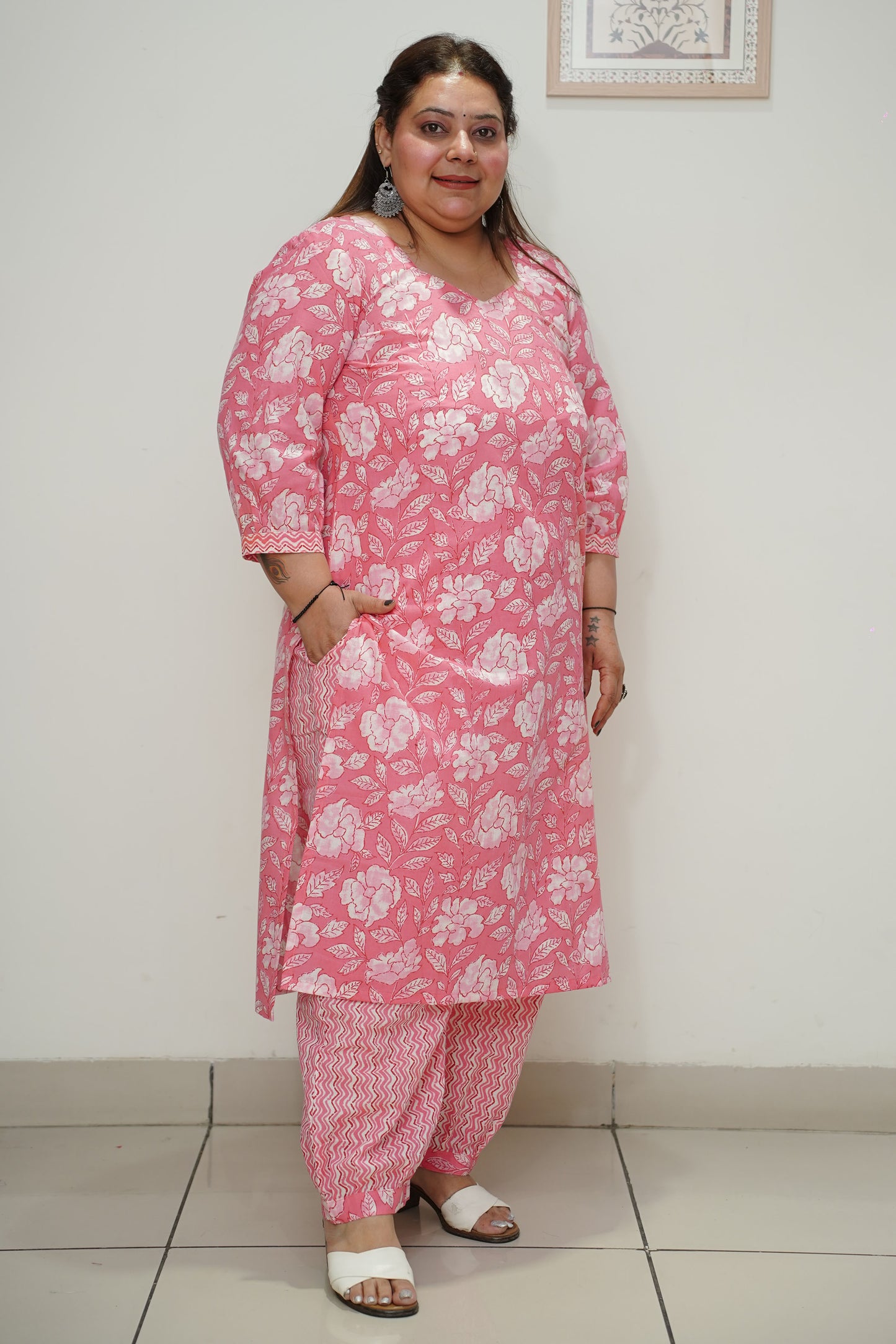 Women Plus Size Pink Floral Cotton Afghani Salwar Suit