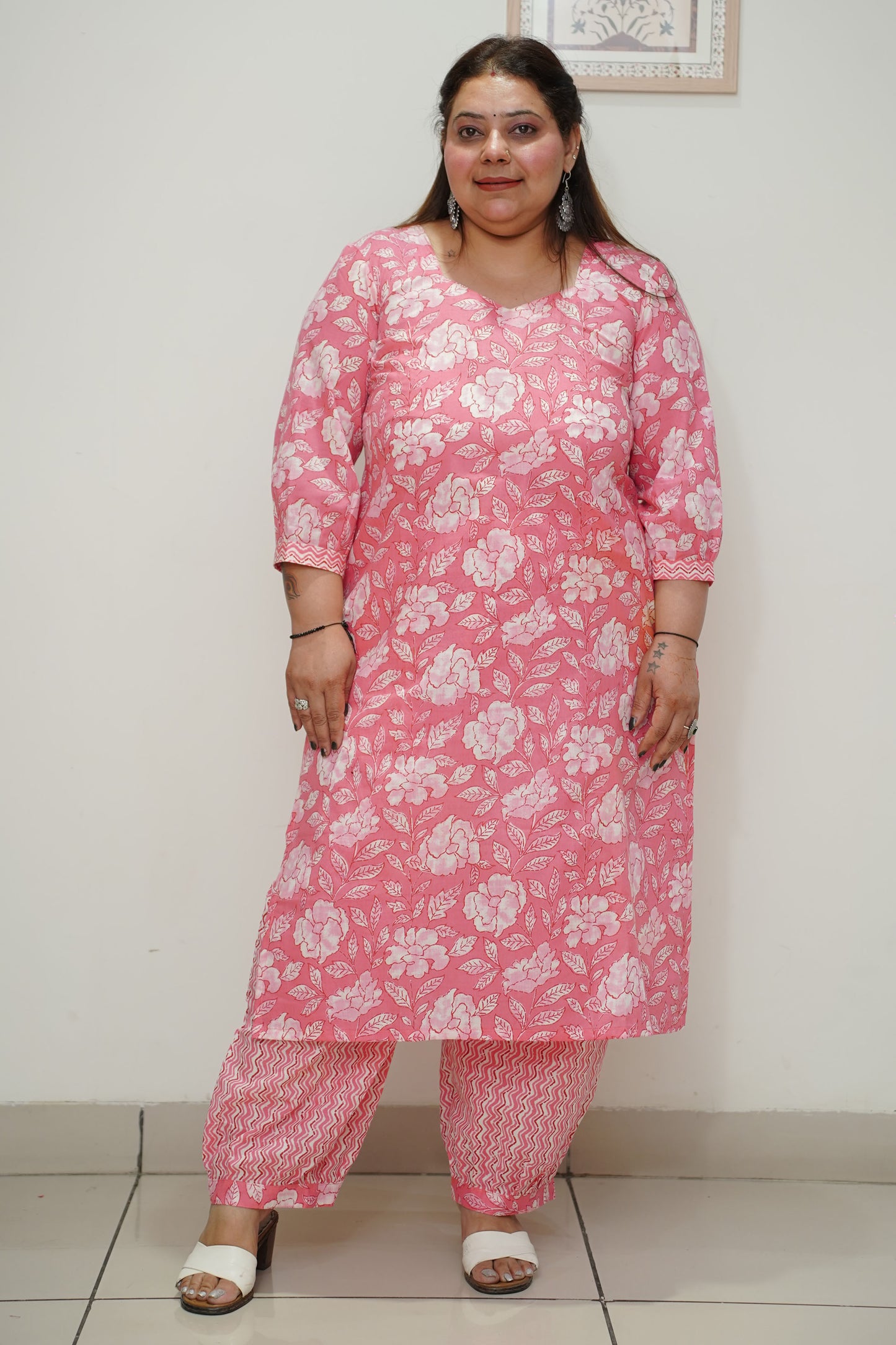 Women Plus Size Pink Floral Cotton Afghani Salwar Suit
