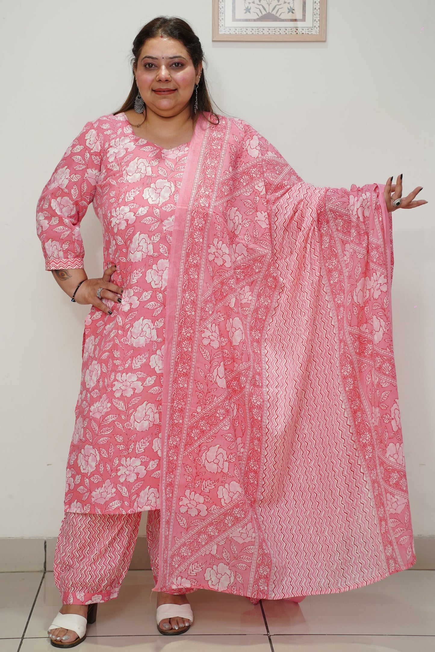 Women Plus Size Pink Floral Cotton Afghani Salwar Suit