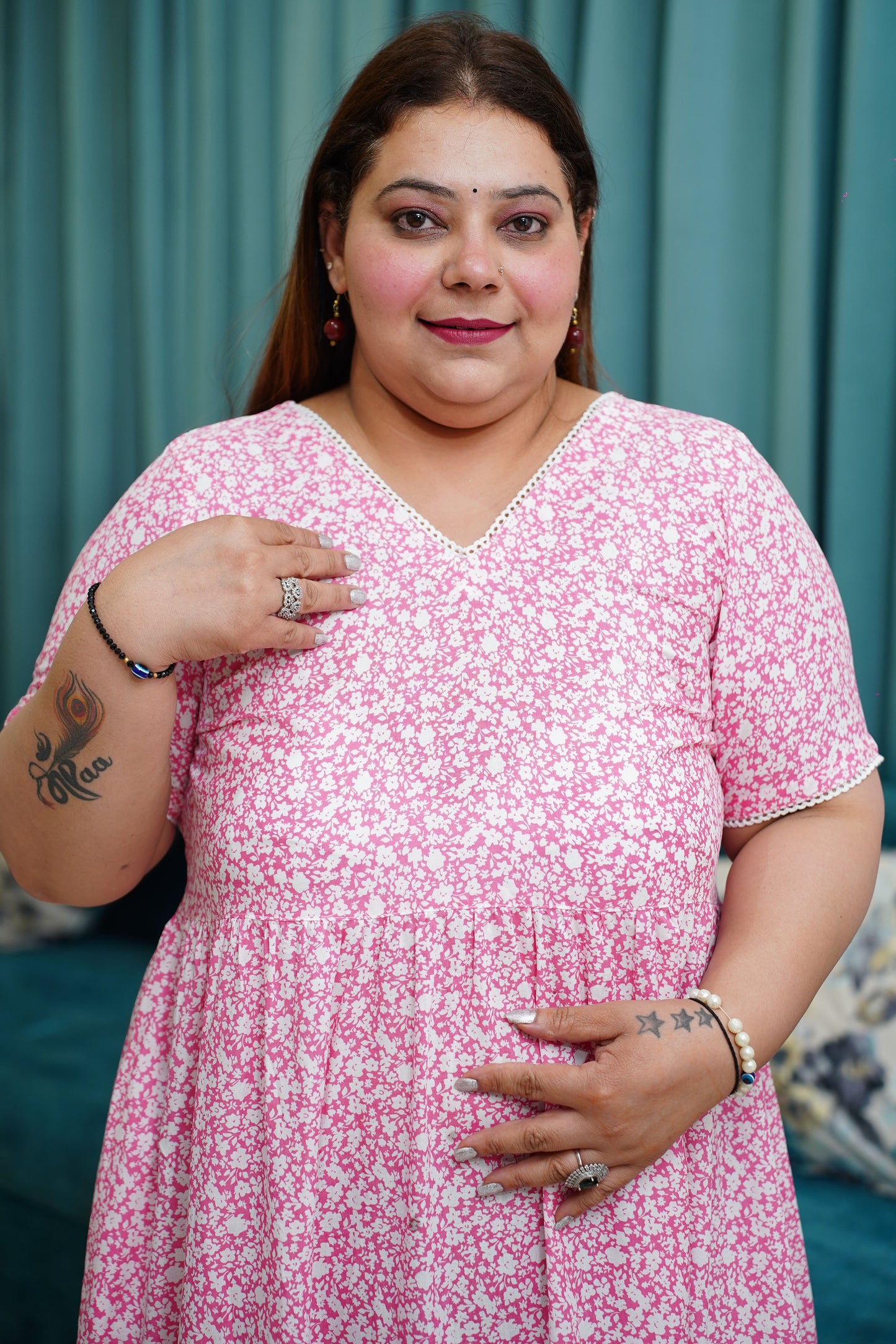 Women Plus Size Pink Floral Rayon Night Gown
