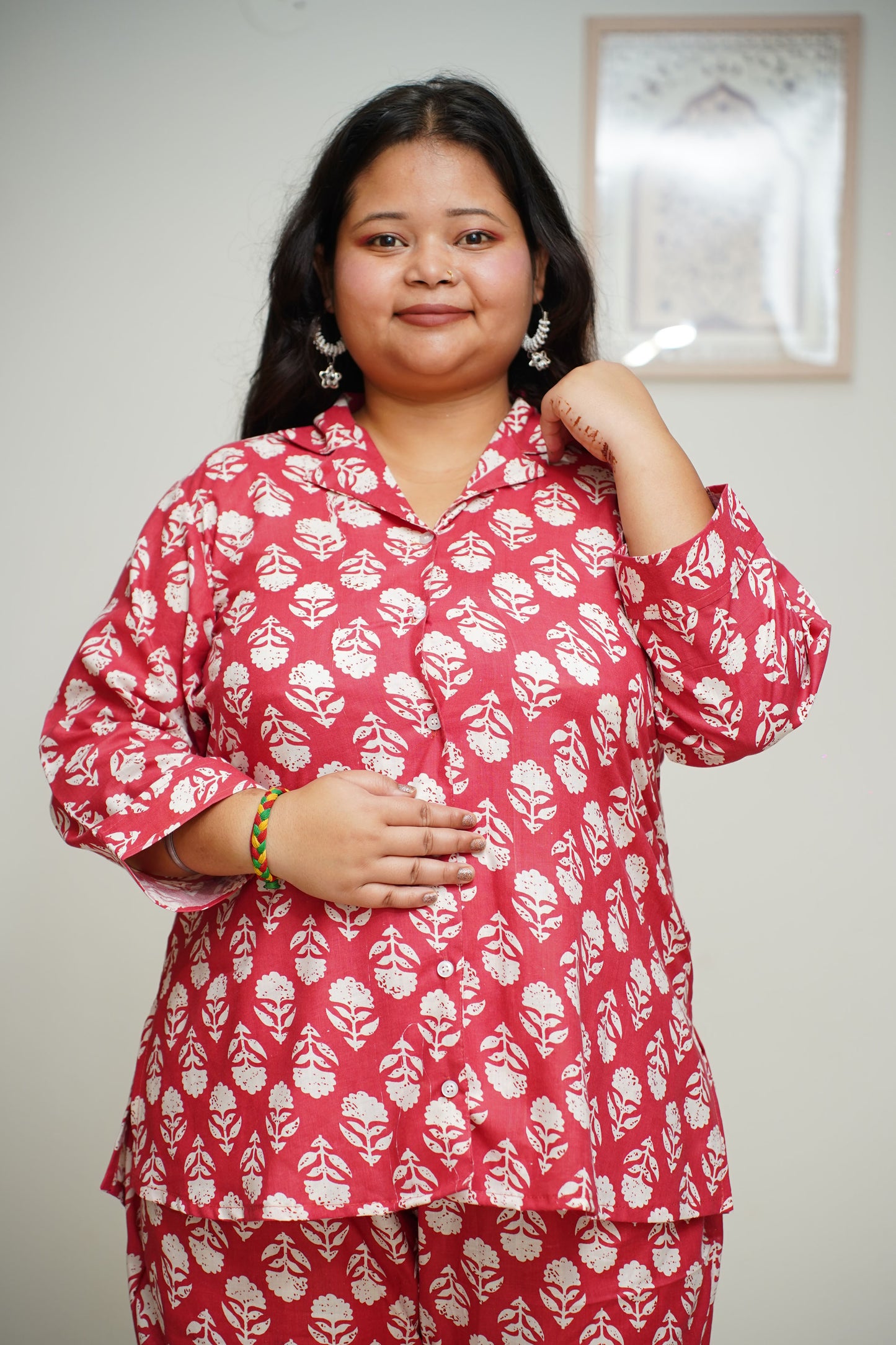 Women Plus Size Red Floral Cotton Co-ord Set With Pockets