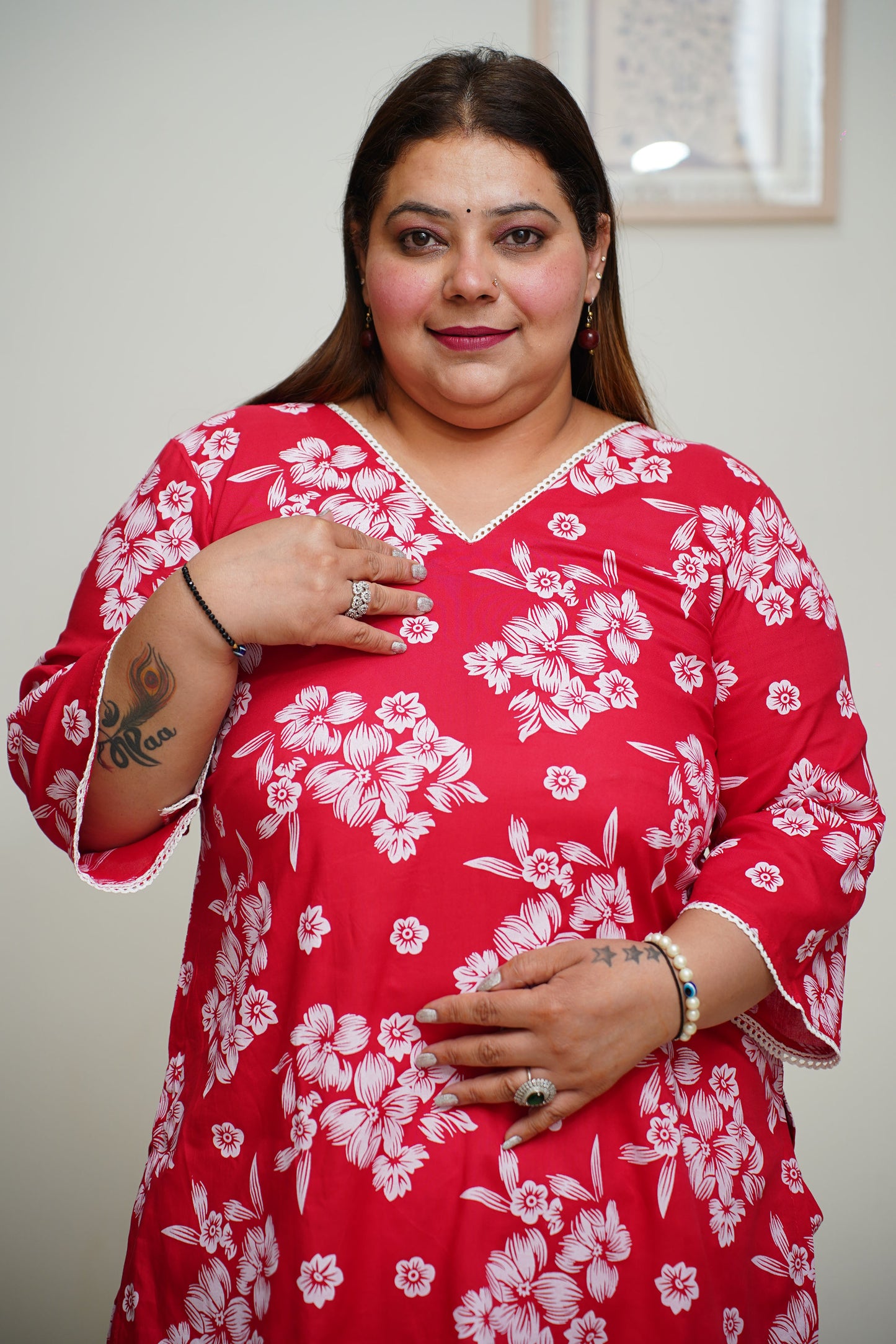 Women Plus Size Red Floral Rayon Co-ord Set with Pockets