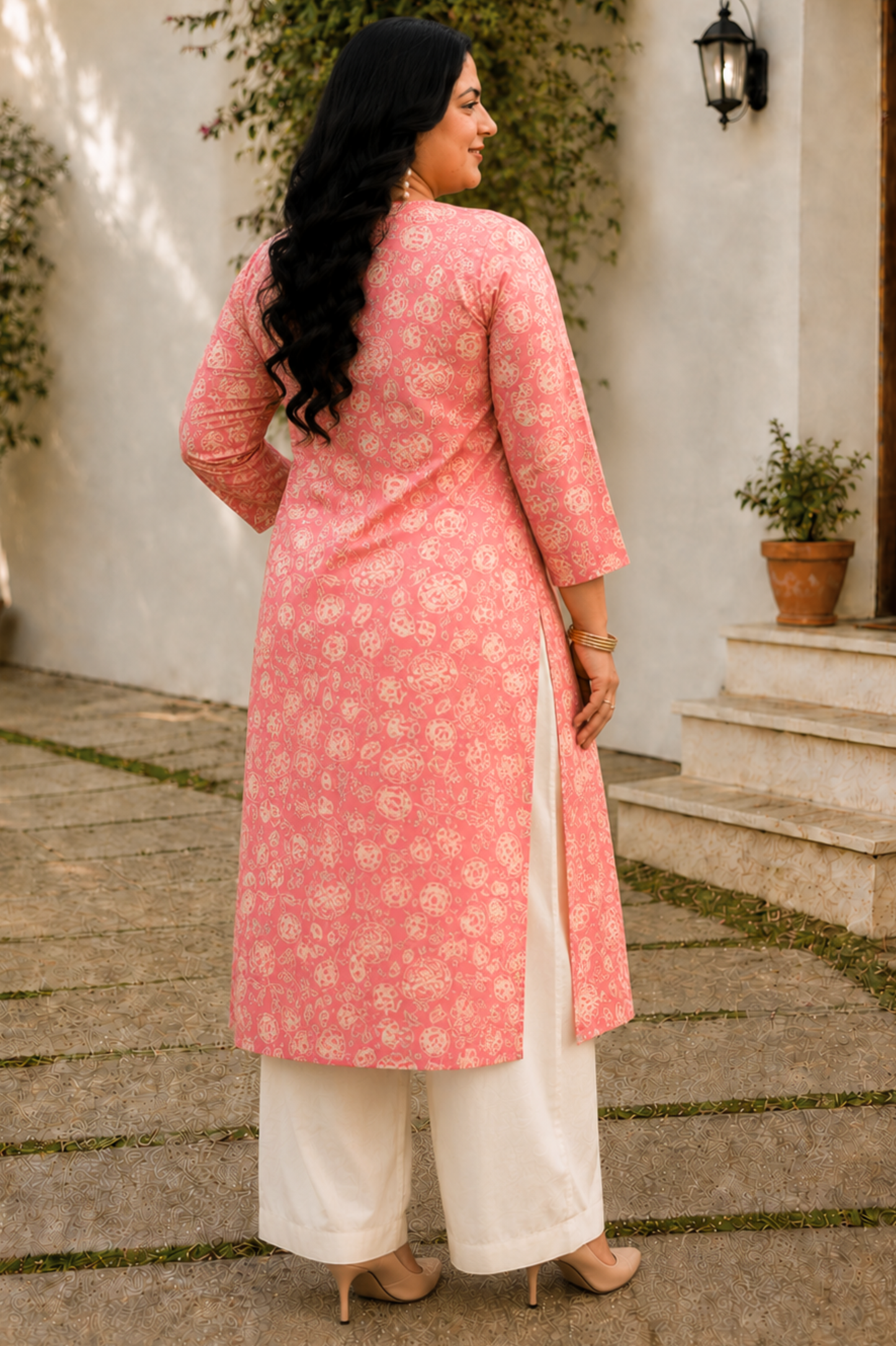 Rose Pink Cotton Floral Print Kurta