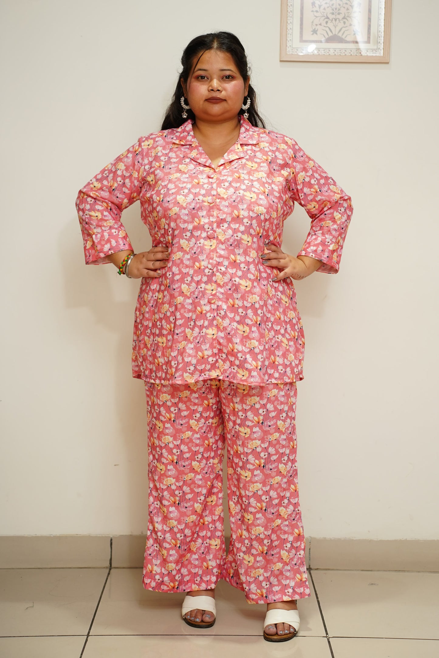 Women Plus Size Rose Pink Floral Co-ord Set with Pockets