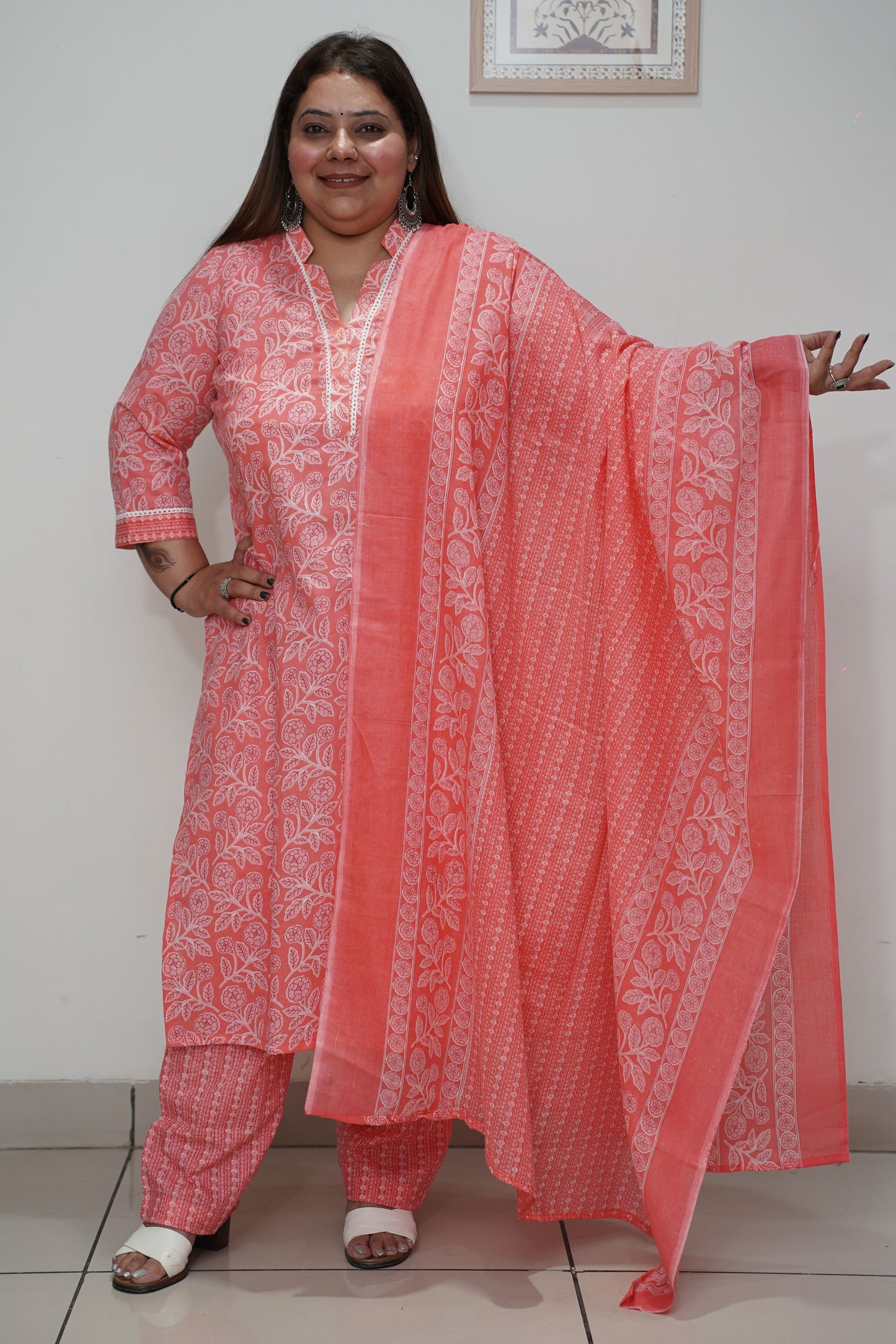 Rose Pink Floral Cotton Straight Cut Suit Set