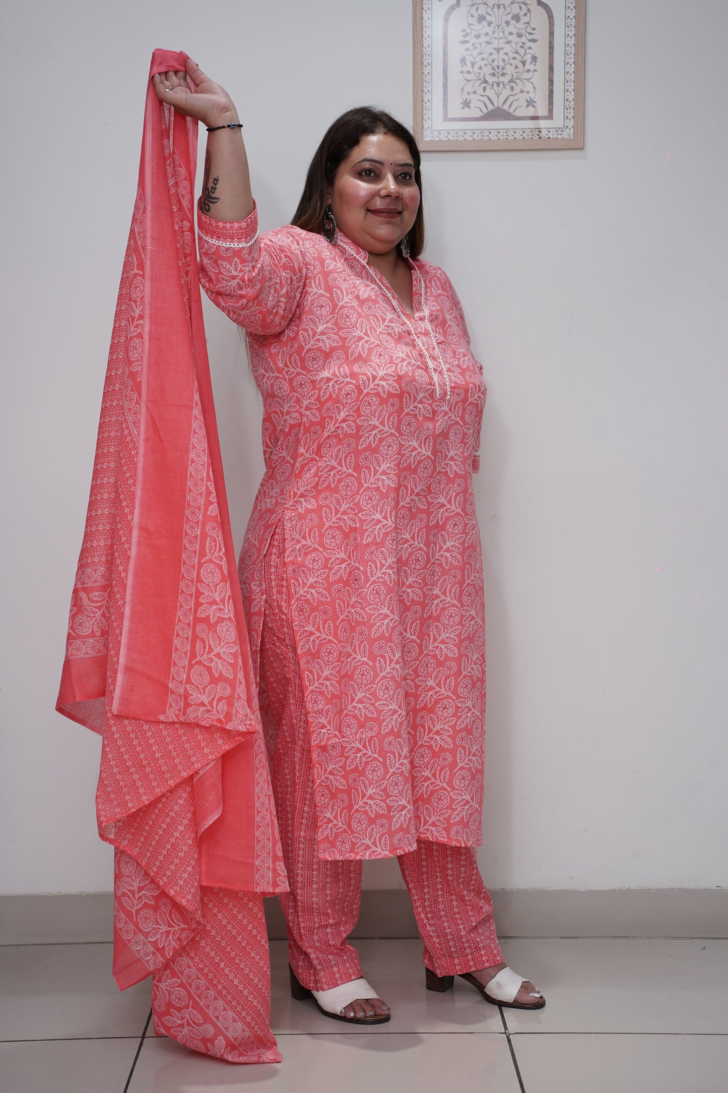 Rose Pink Floral Cotton Straight Cut Suit Set