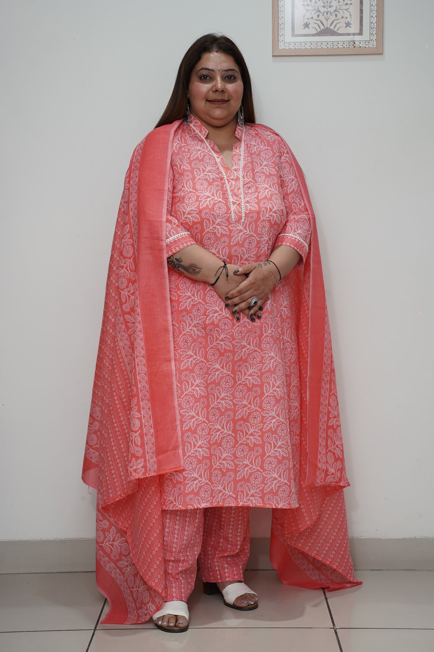Rose Pink Floral Cotton Straight Cut Suit Set
