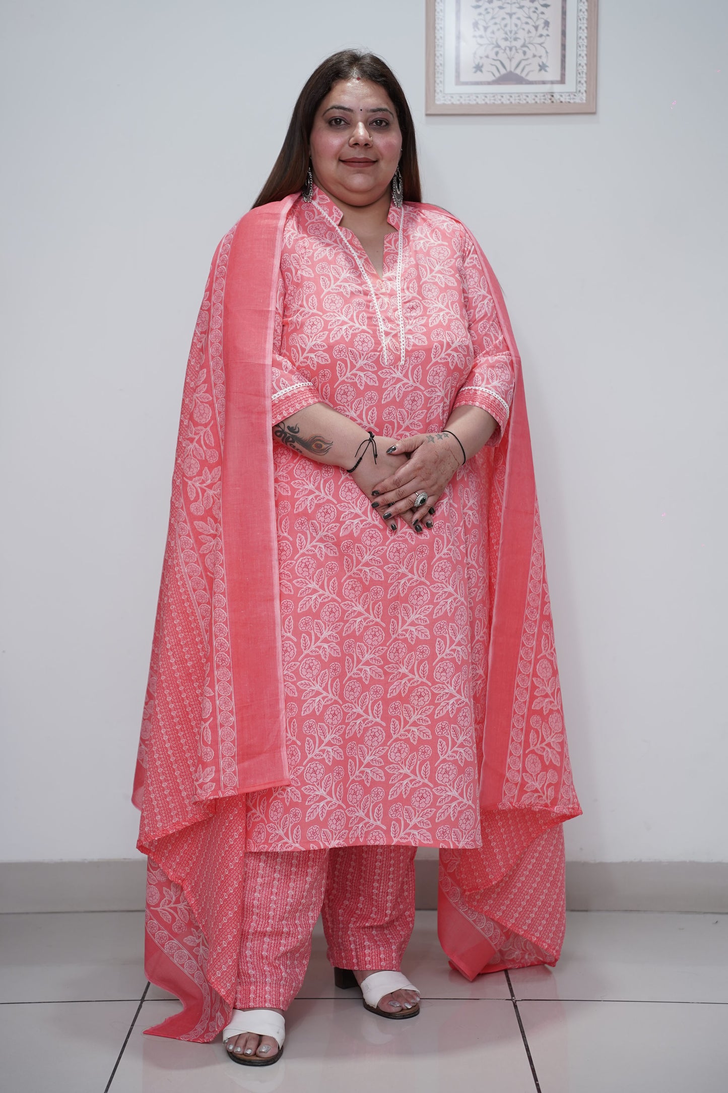 Rose Pink Floral Cotton Straight Cut Suit Set