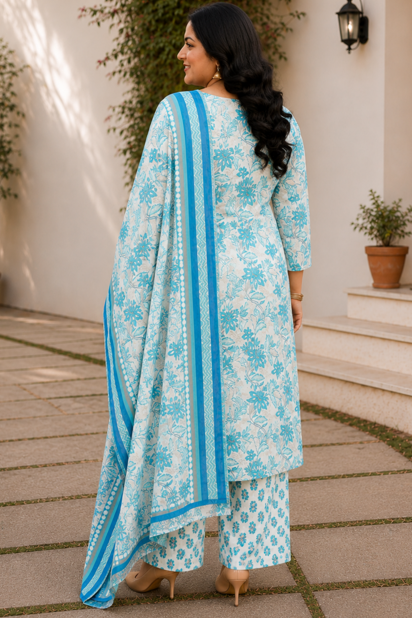 Soft Blue Floral Cotton Suit Set