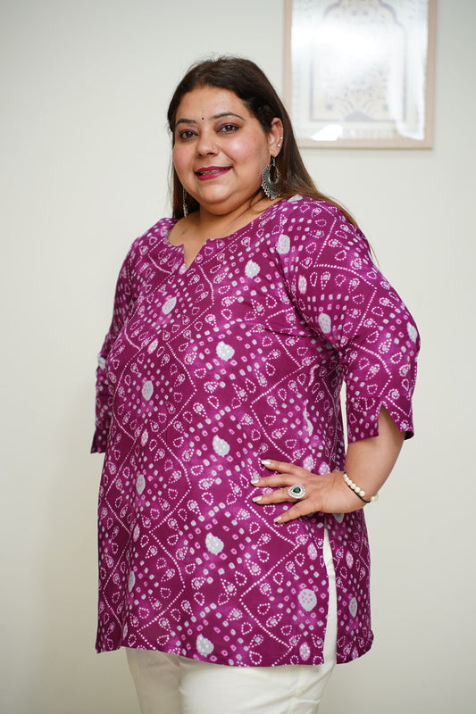 Women Plus Size Wine Bandhani Printed Rayon Kurta