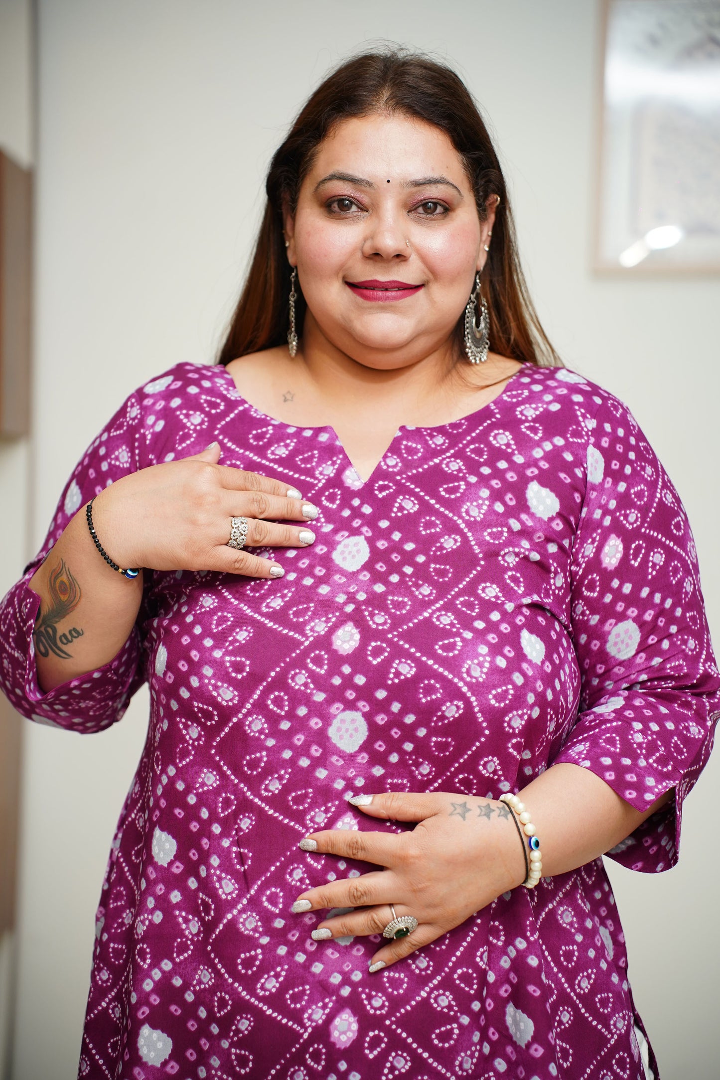 Women Plus Size Wine Bandhani Printed Rayon Kurta