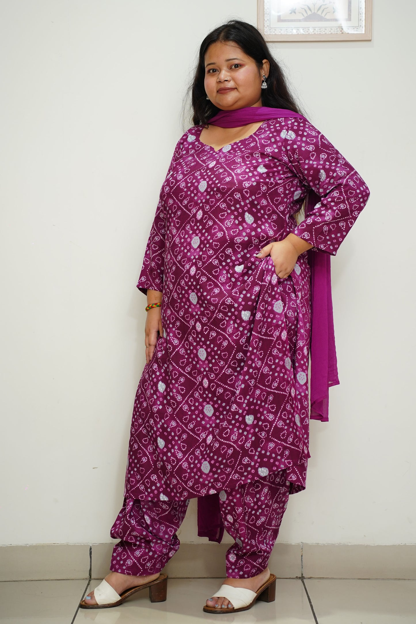 Women Plus Size Wine Bandhani Printed Rayon Salwar Suit