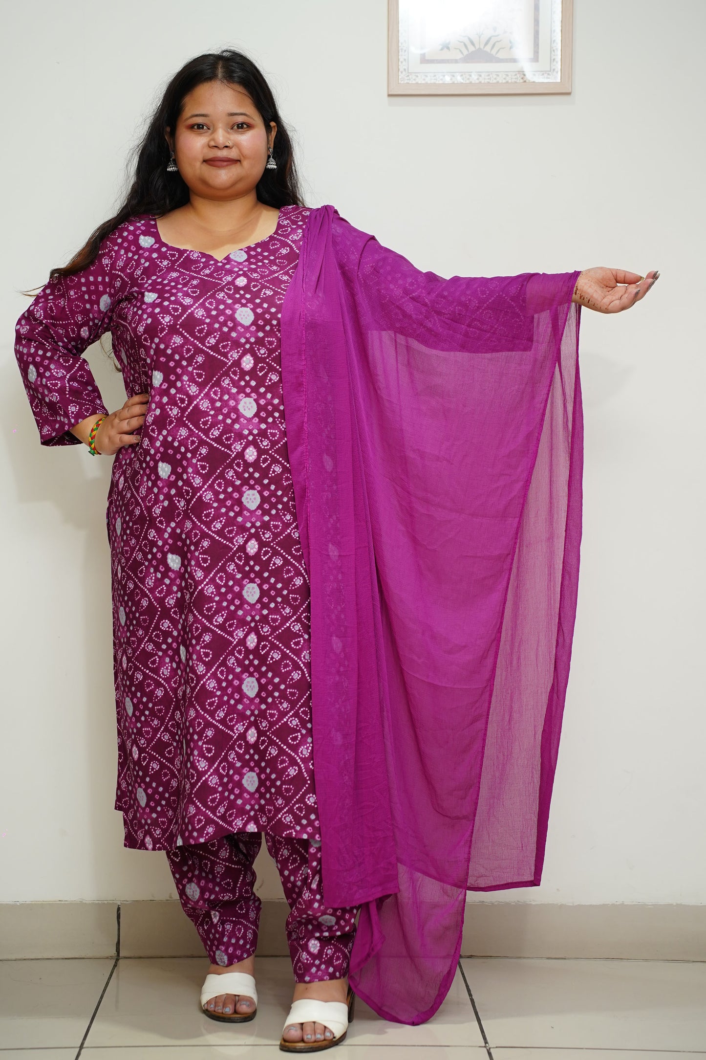 Women Plus Size Wine Bandhani Printed Rayon Salwar Suit