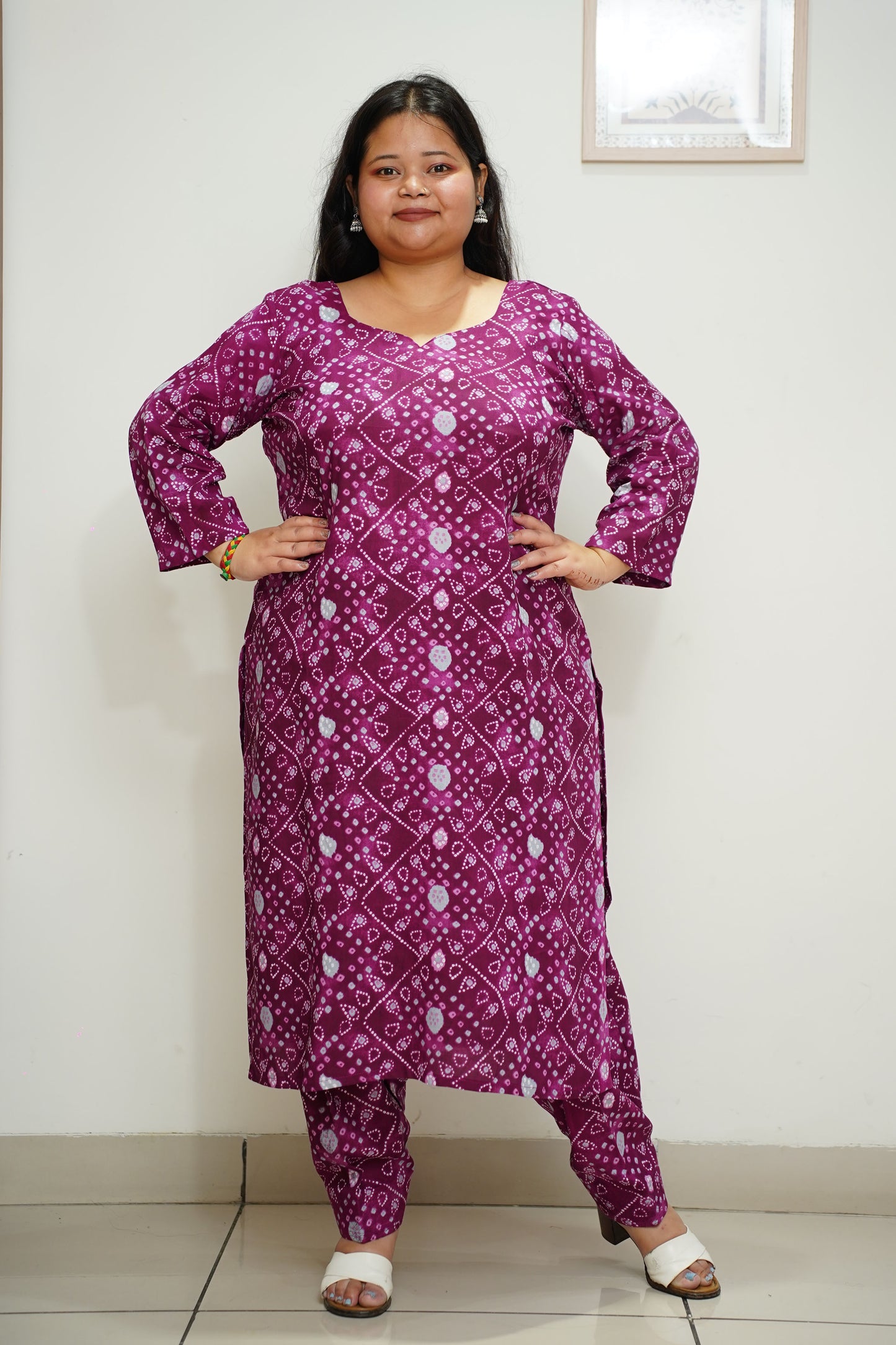 Women Plus Size Wine Bandhani Printed Rayon Salwar Suit