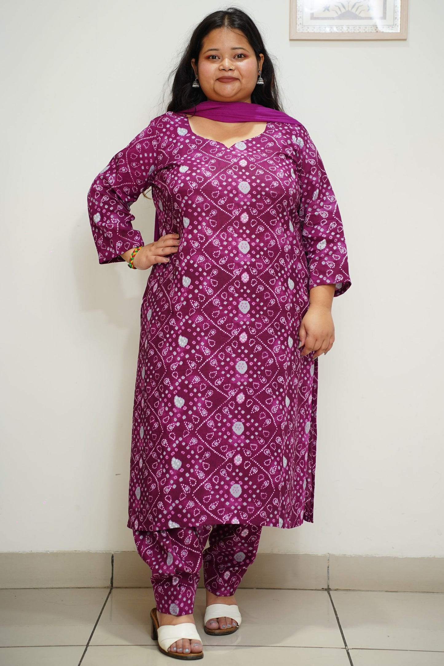Women Plus Size Wine Bandhani Printed Rayon Salwar Suit